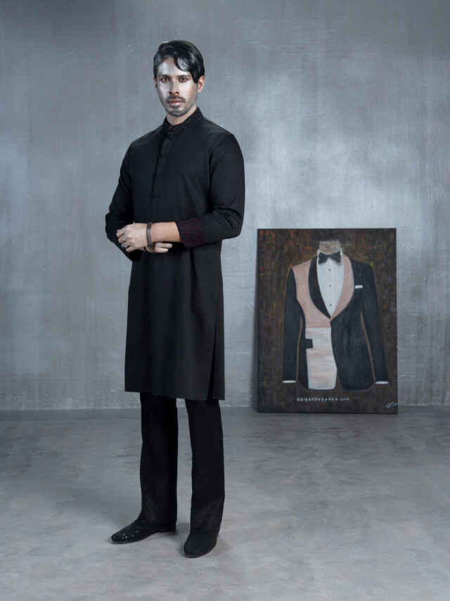 Black Panjabi with Embroidered Collar & Cuffs