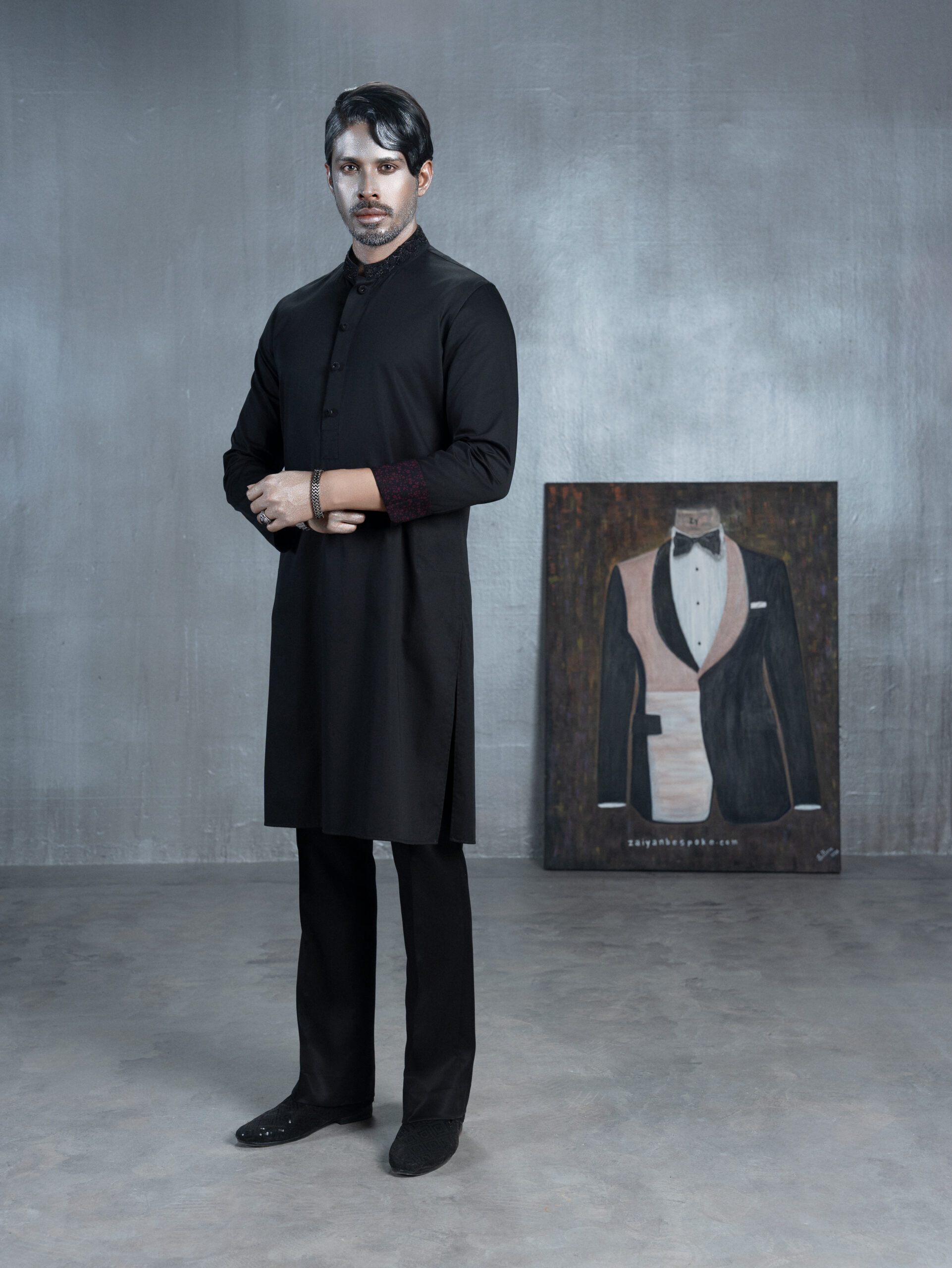 Black Panjabi with Embroidered Collar & Cuffs