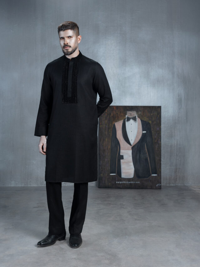 Black Panjabi with textured embroidered placket and blue patterned cuffs