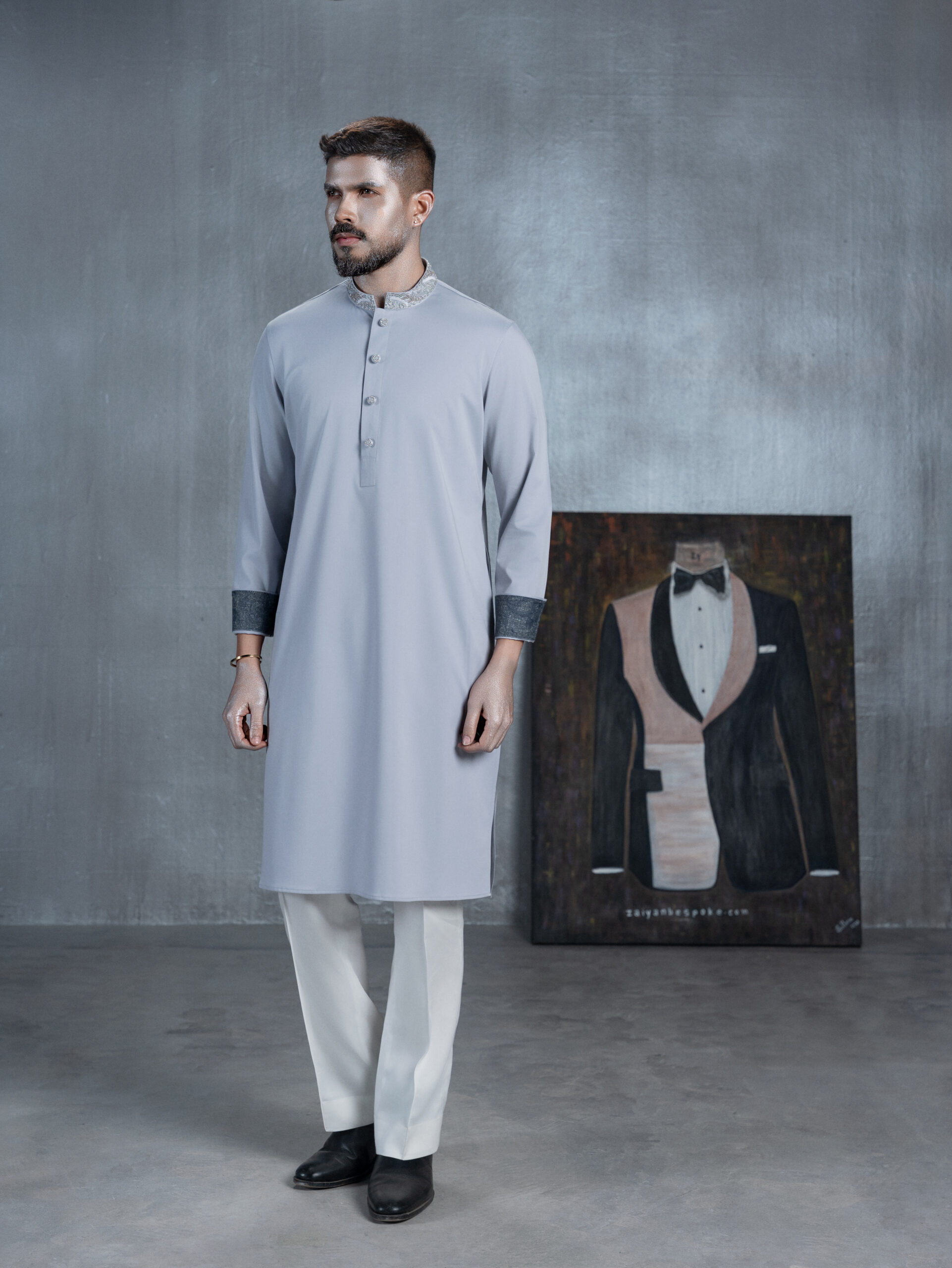 Ice Blue Panjabi with Hand Embroidered Collar & Cuffs - Image 2