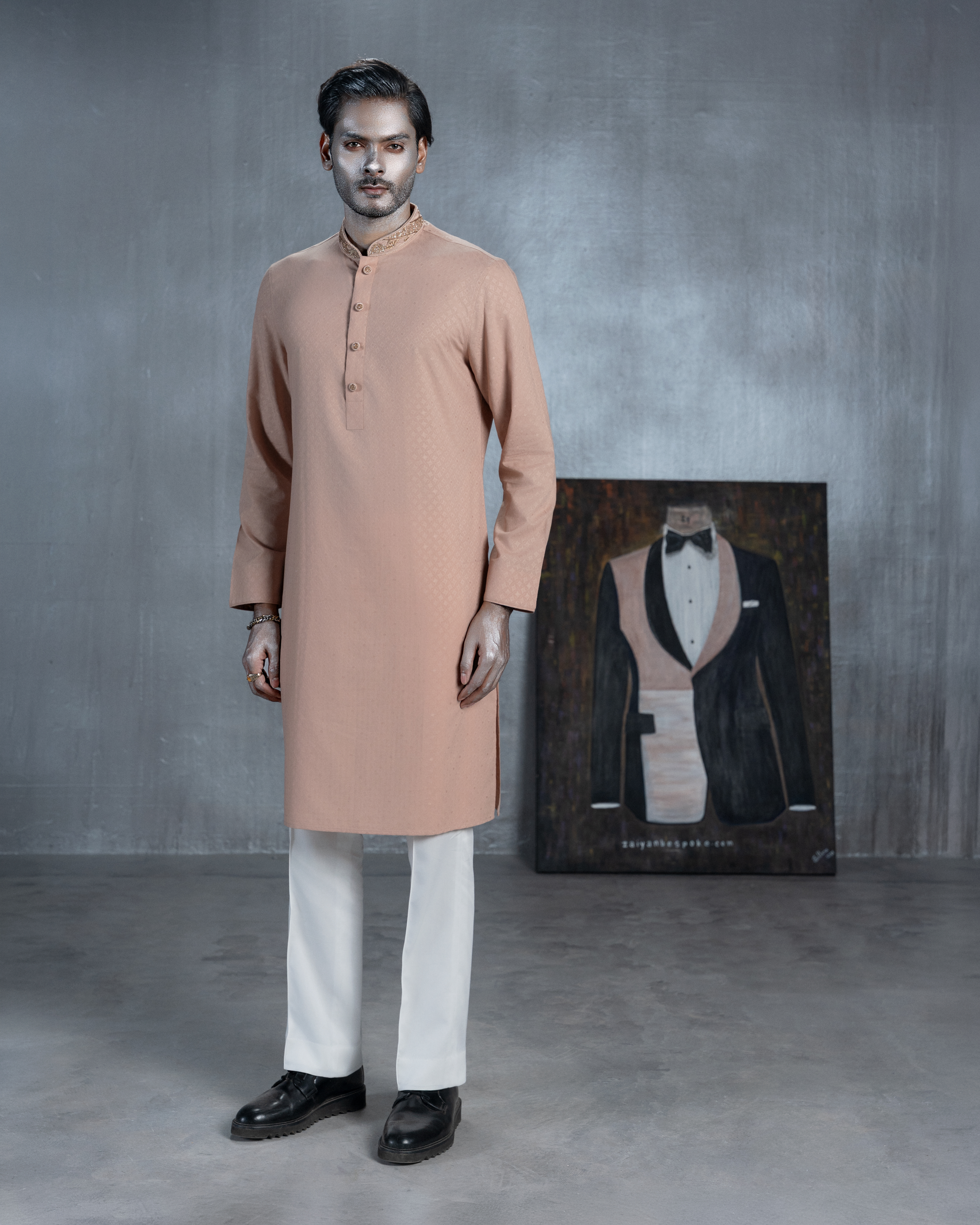 Men's dusty rose bespoke Panjabi with embroidered champagne-gold collar, decorative buttons and rust printed contrast cuffs