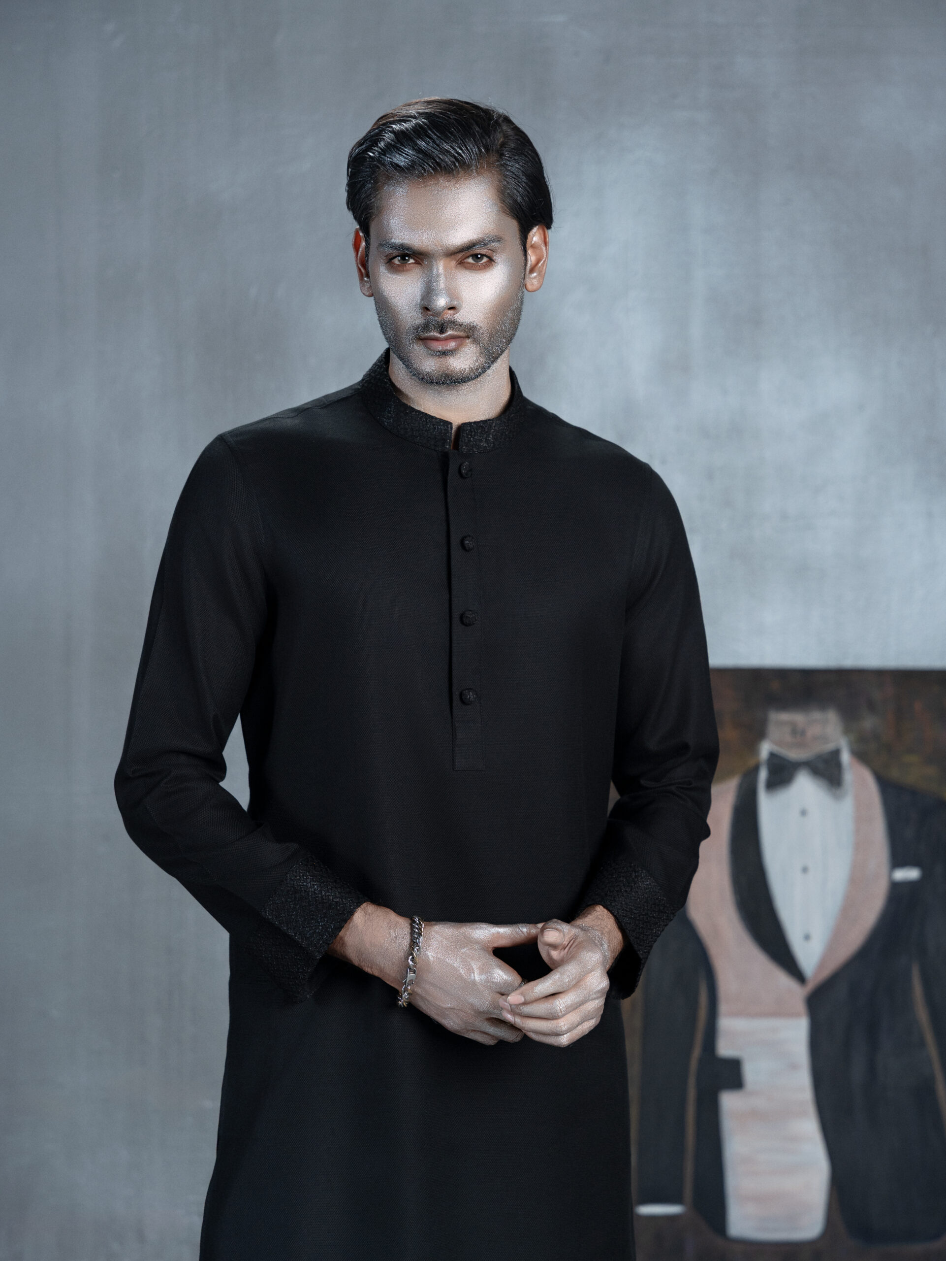 Black Panjabi with Textured Collar & Cuffs - Image 4