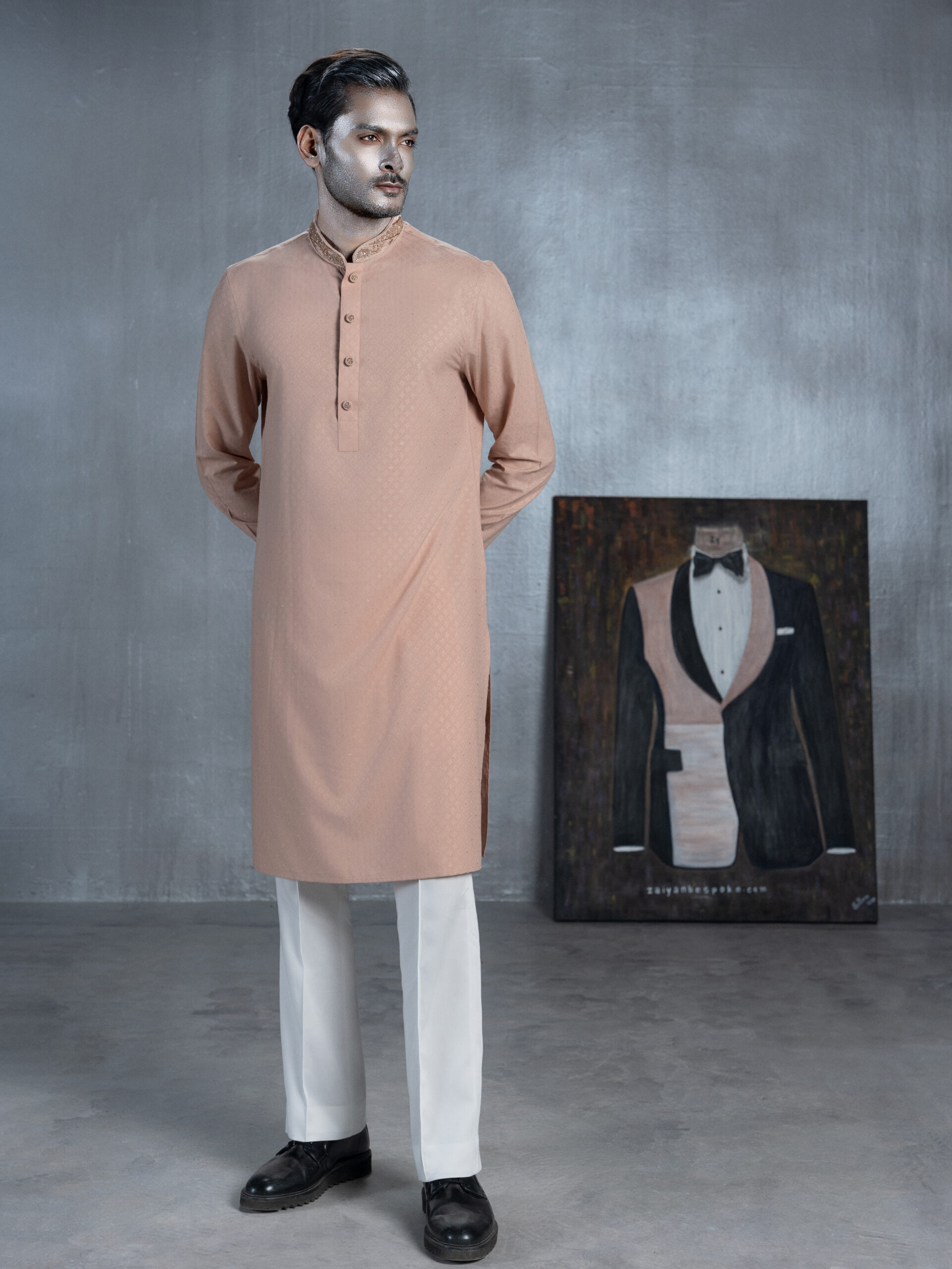 Brown Panjabi with Embroidered Collar & Cuffs - Image 3