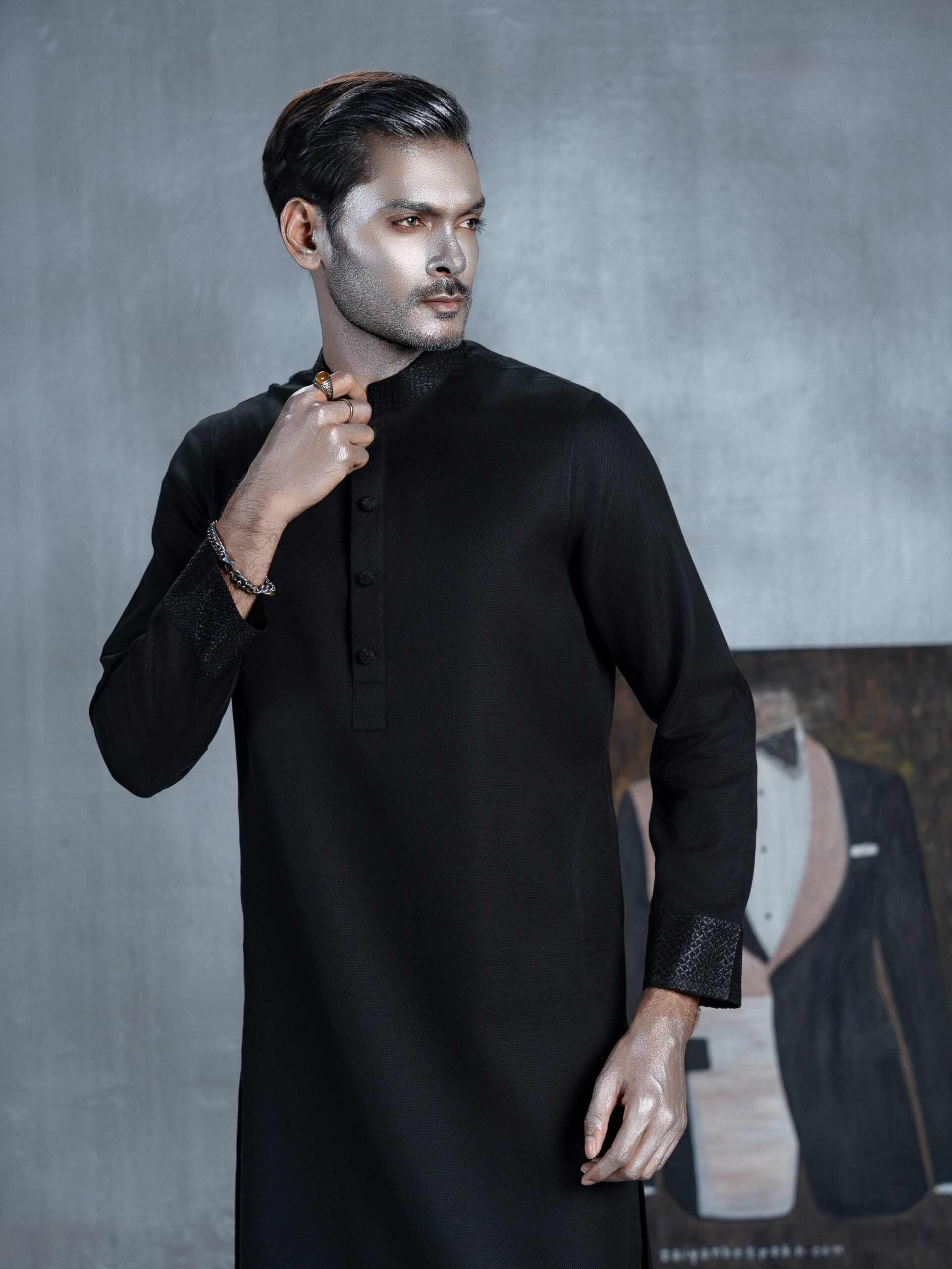 Black Panjabi with Textured Collar & Cuffs - Image 3