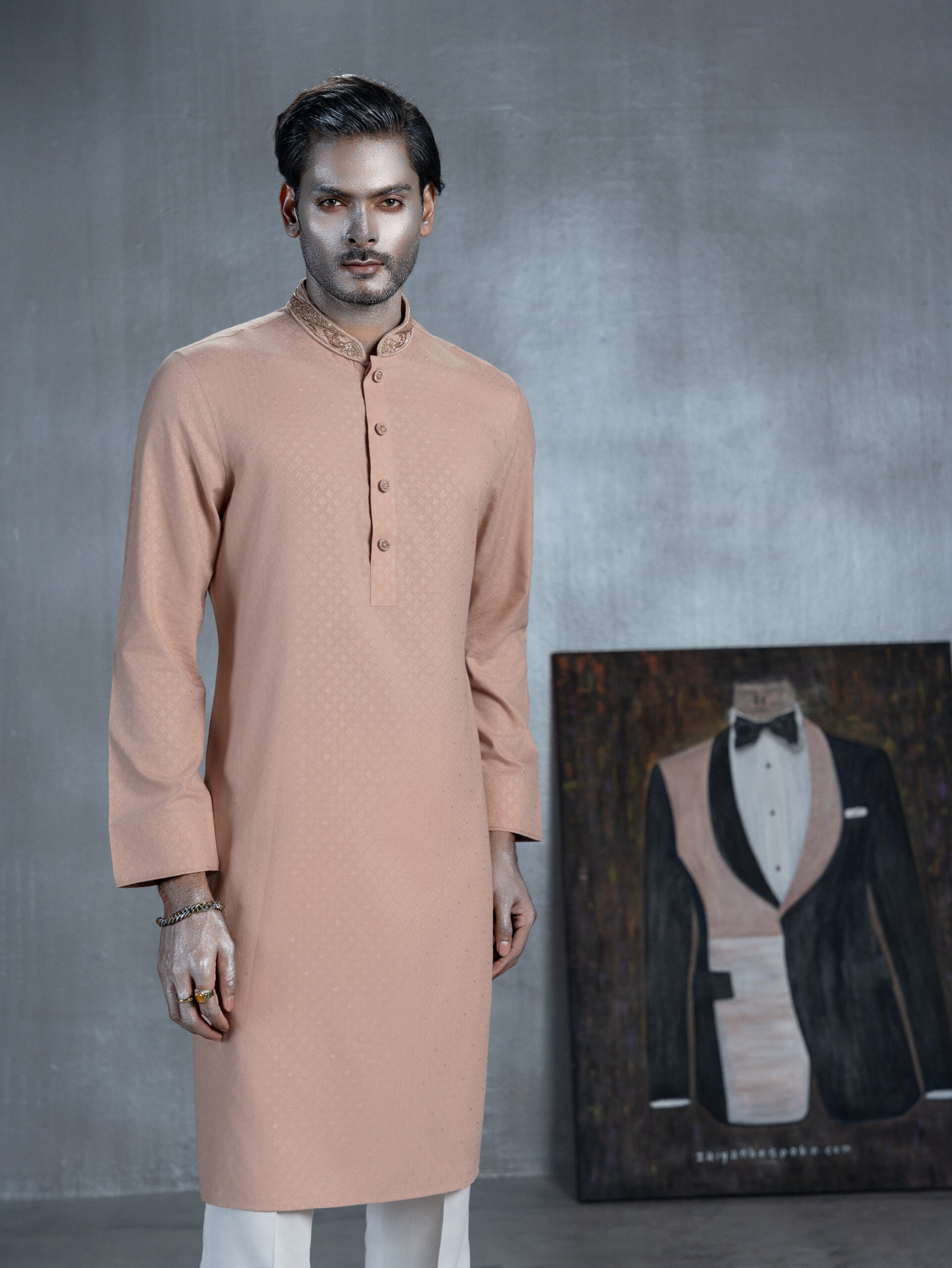 Men's dusty rose bespoke Panjabi with embroidered champagne-gold collar, decorative buttons and rust printed contrast cuffs