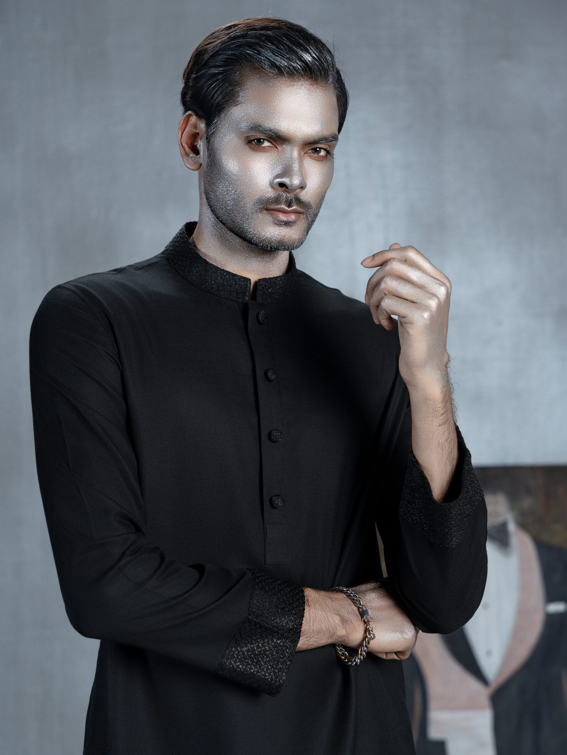 Black Panjabi with Textured Collar & Cuffs - Image 2
