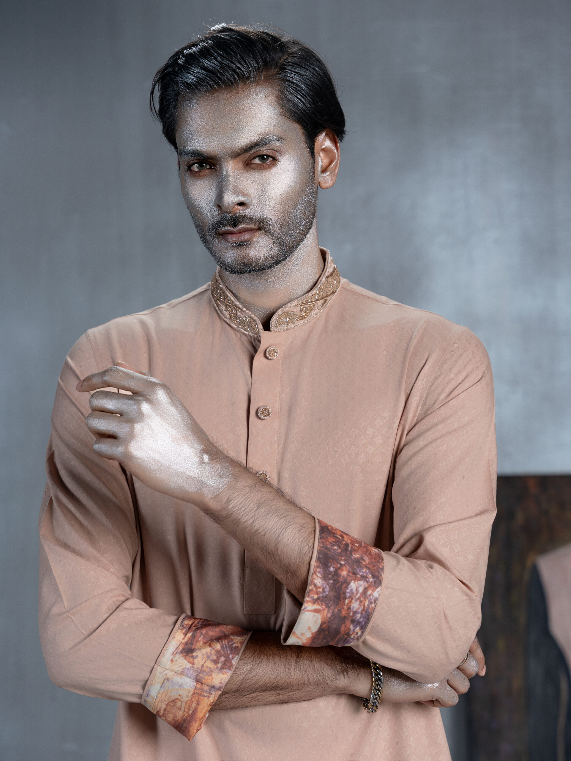 Brown Panjabi with Embroidered Collar & Cuffs - Image 4