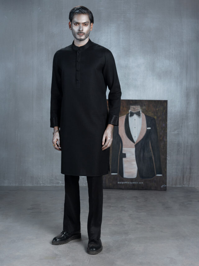 Black bespoke Panjabi with textured band collar and cuffs by ZaiYan Bespoke