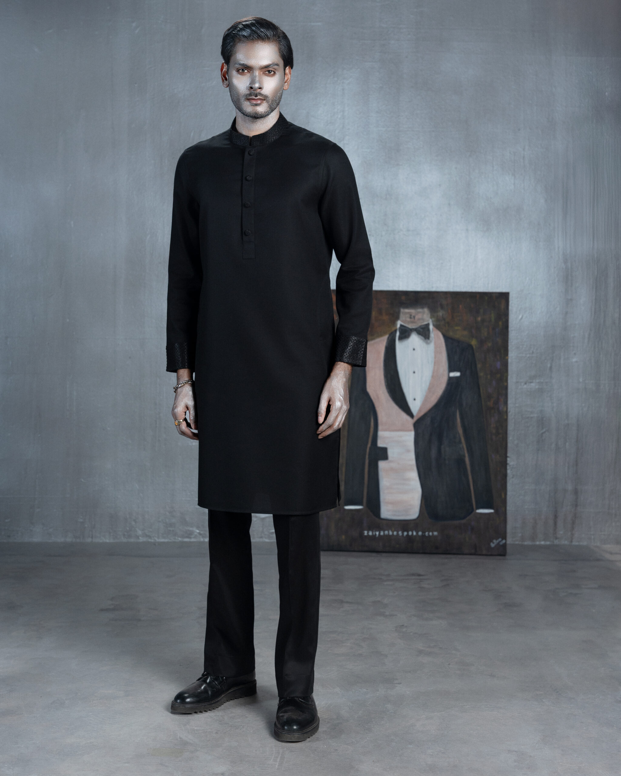 Black bespoke Panjabi with textured band collar and cuffs by ZaiYan Bespoke