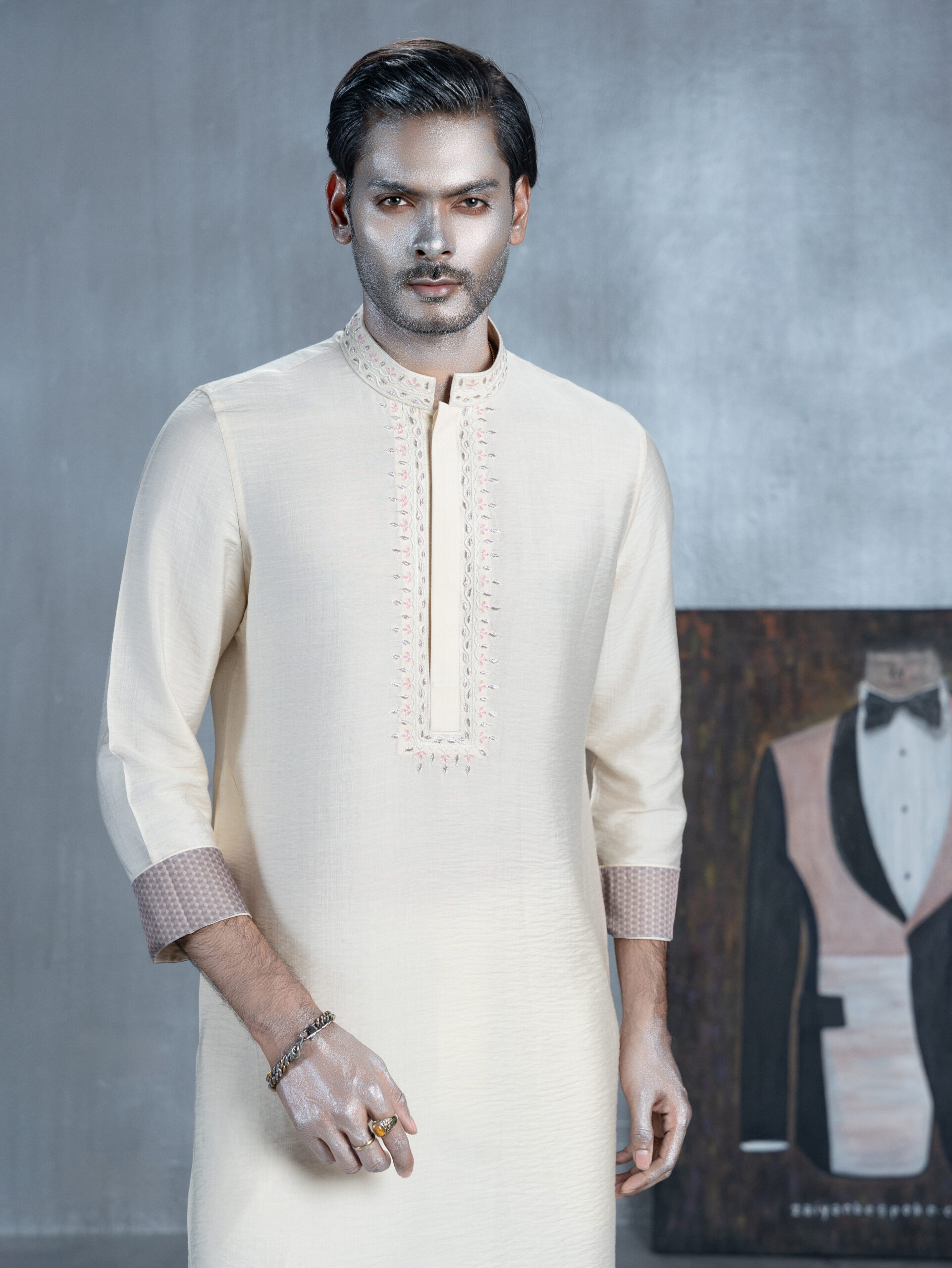 Ivory Panjabi with Hand Embroidered Placket & cuffs - Image 4