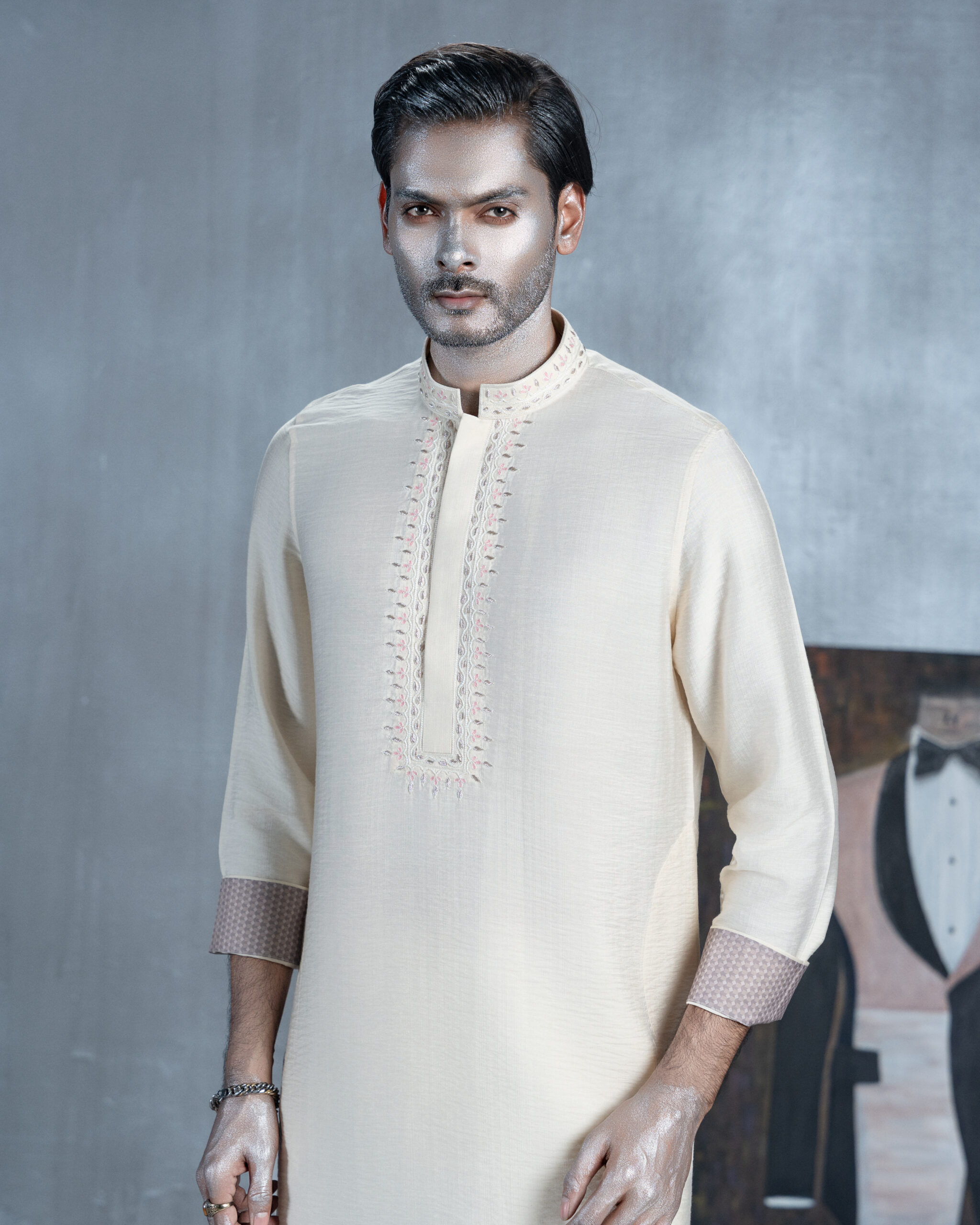 Ivory Panjabi with Hand Embroidered Placket & cuffs - Image 3