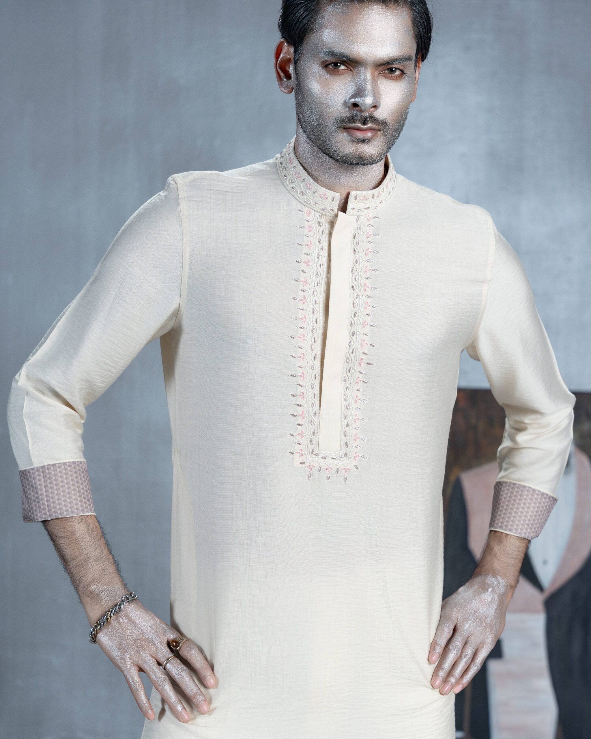 Ivory Panjabi with Hand Embroidered Placket & cuffs - Image 2