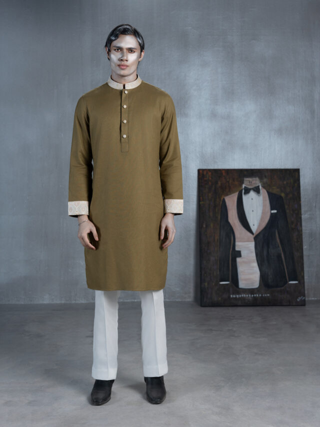 Men's olive brown bespoke Panjabi with champagne-gold patterned collar, contrast cuffs and light-toned buttons