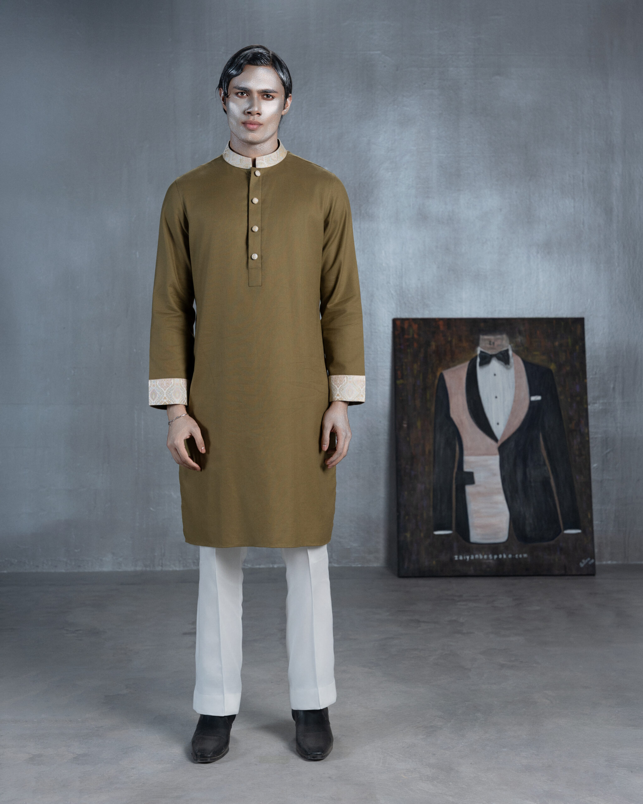 Men's olive brown bespoke Panjabi with champagne-gold patterned collar, contrast cuffs and light-toned buttons