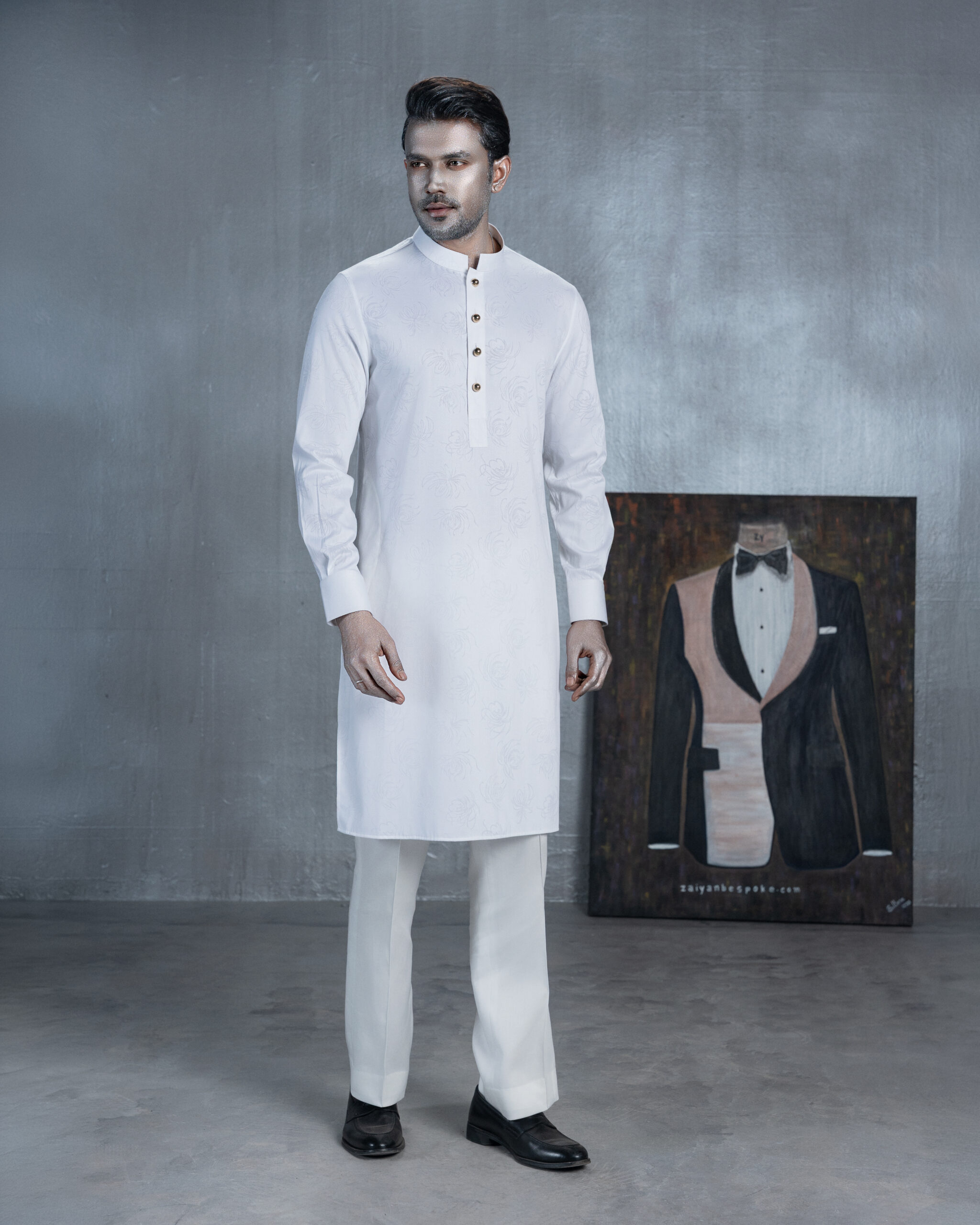 White Panjabi with Floral Pattern And Texture - Image 4