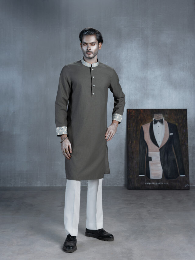 Olive grey men's bespoke Panjabi with light blue-grey floral collar, matching cuffs and decorative buttons