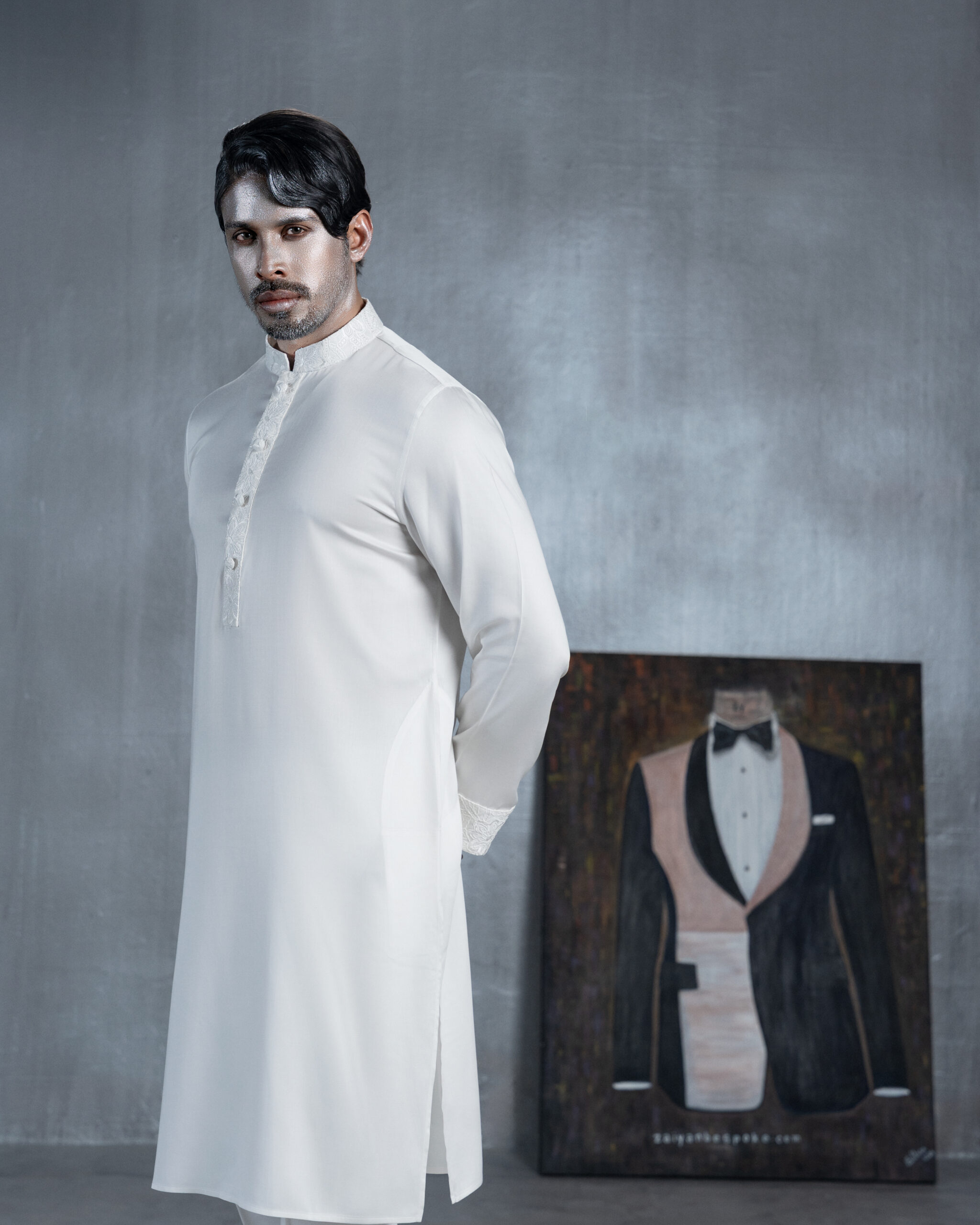 White Panjabi with Embroidered Collar & Cuffs - Image 3