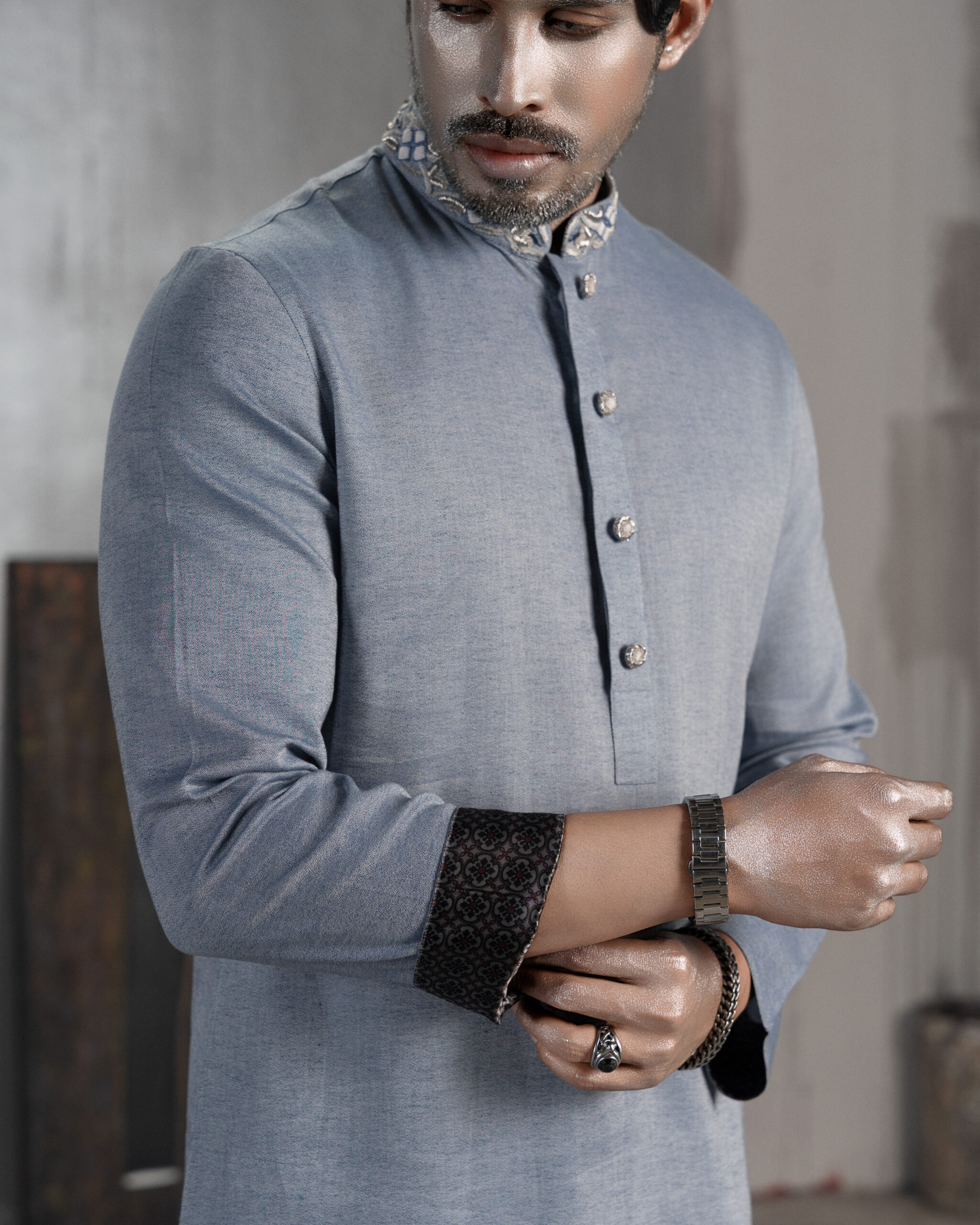 Grey Blue Panjabi with Embroidered Collar - Image 4