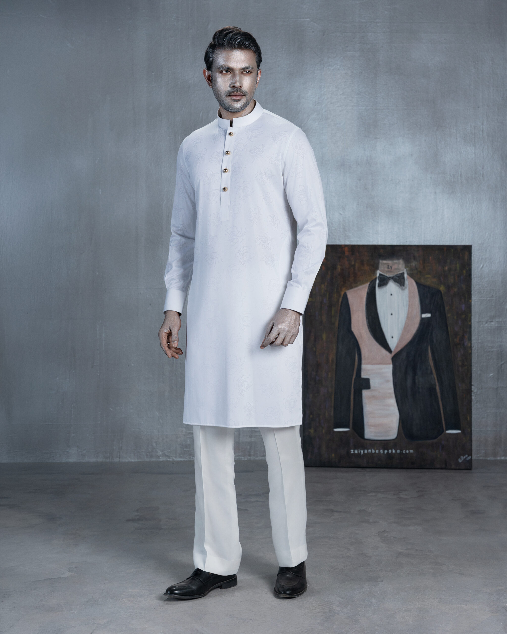 White Panjabi with Floral Pattern And Texture - Image 3