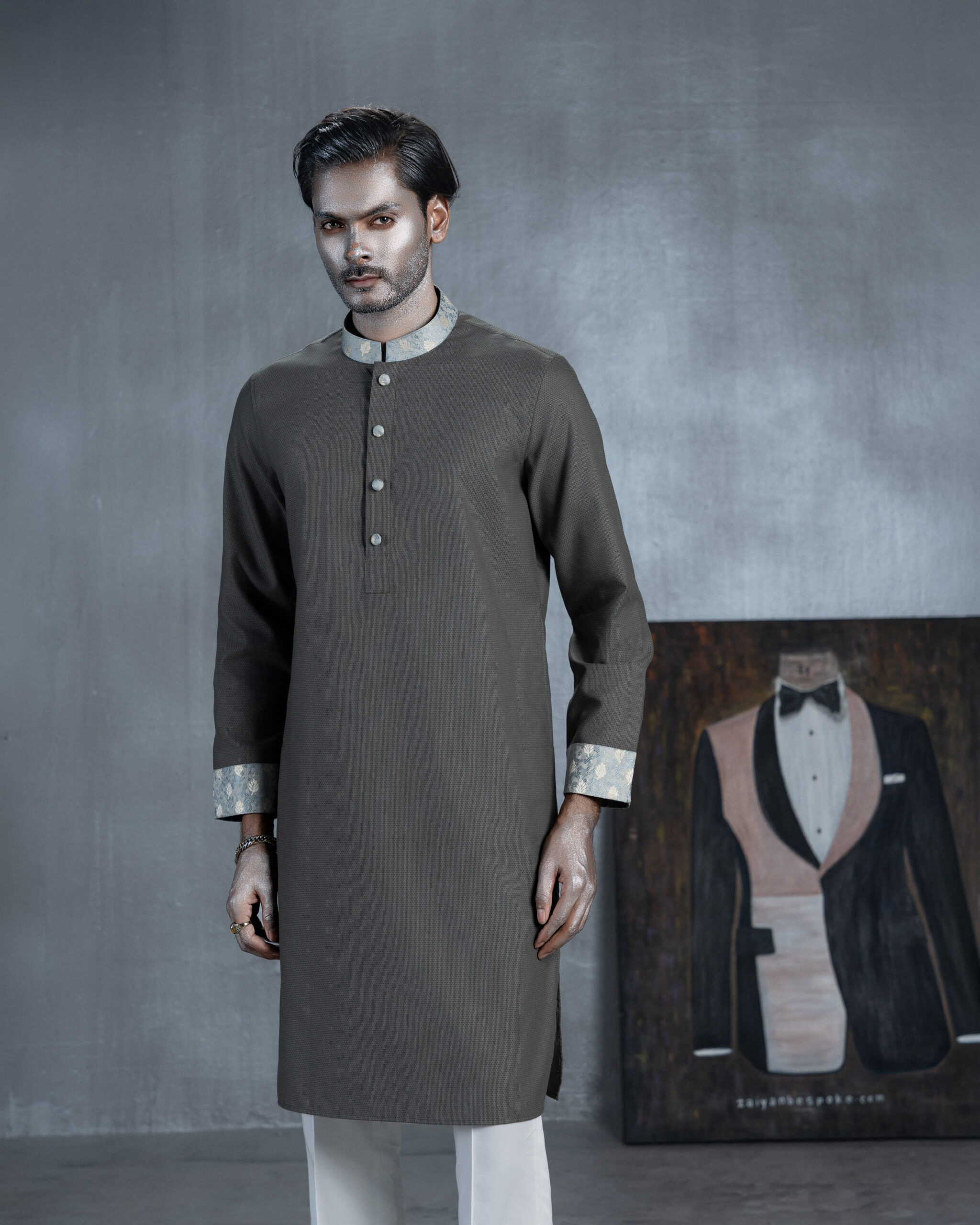 Olive Grey Panjabi with Floral Collar & Cuffs - Image 3