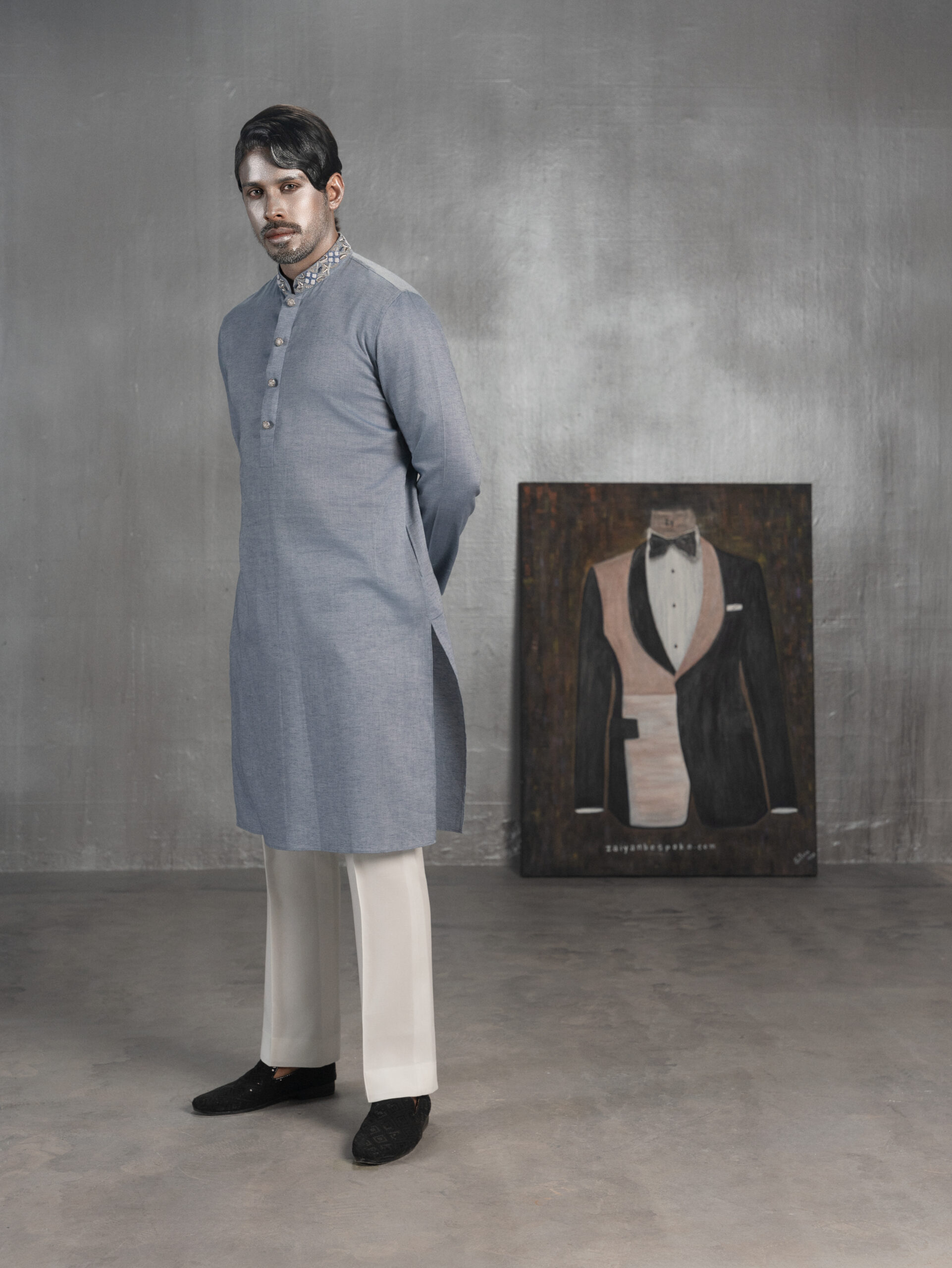 Grey Blue Panjabi with Embroidered Collar - Image 3