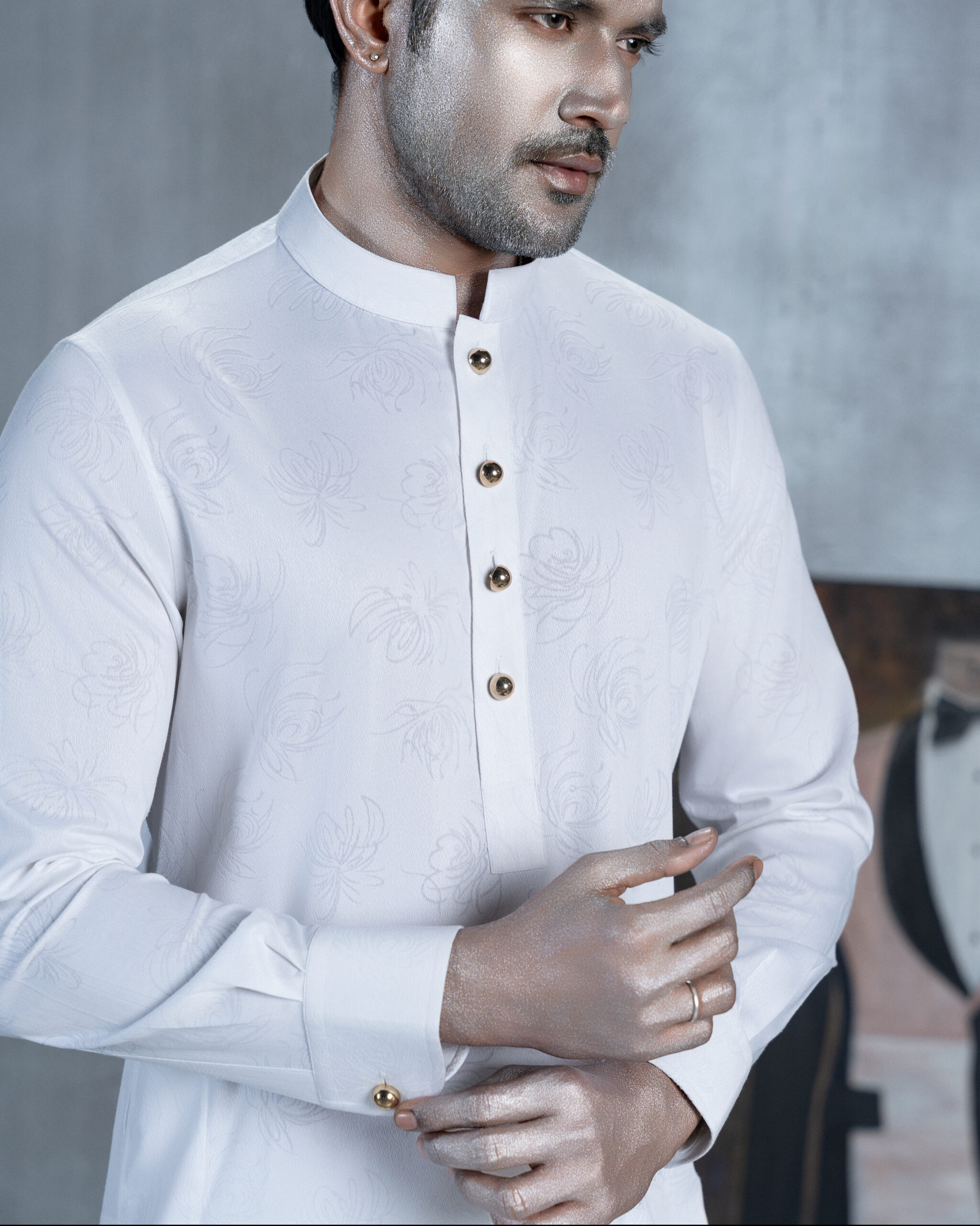 White Panjabi with Floral Pattern And Texture - Image 2