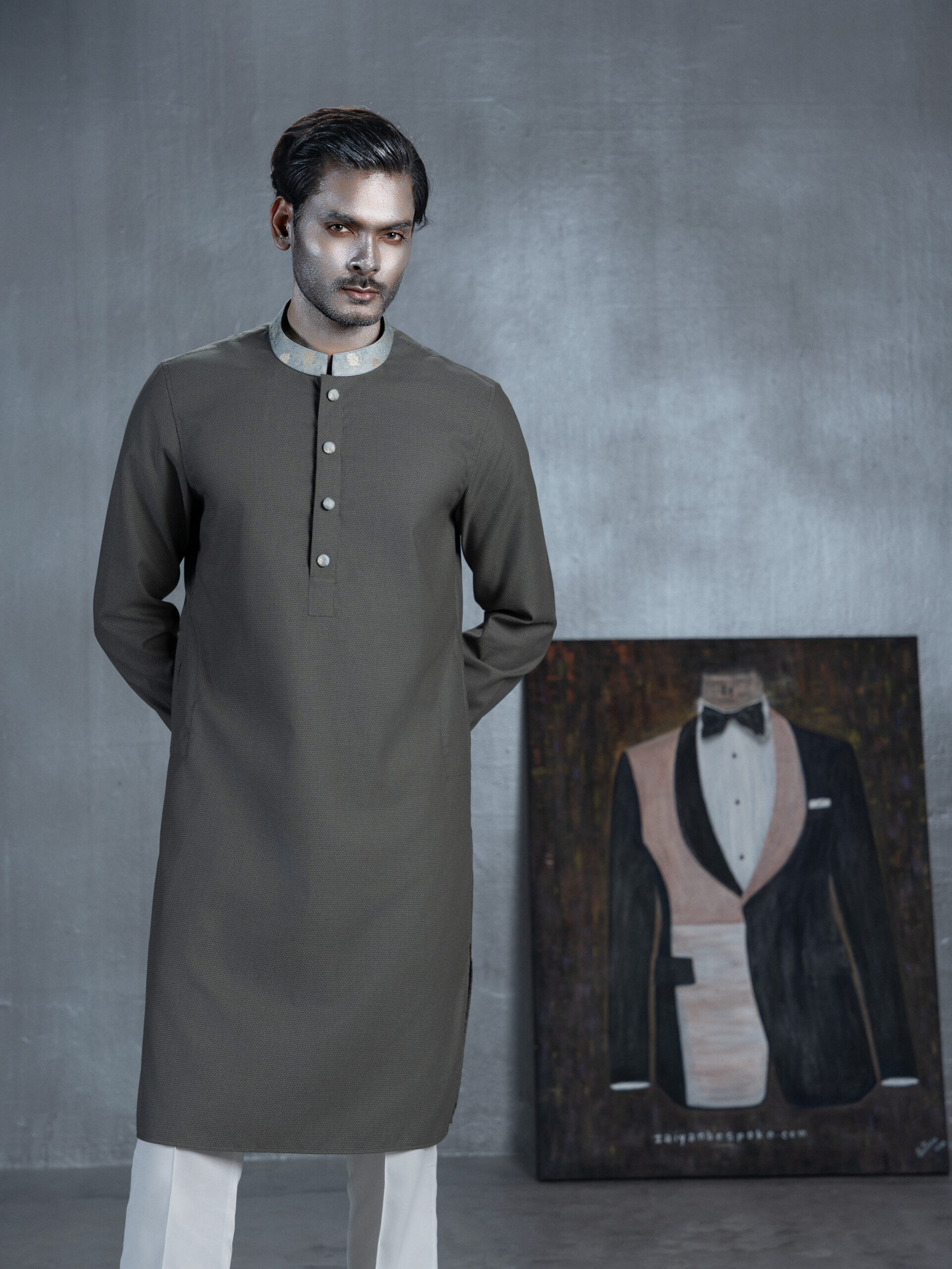 Olive Grey Panjabi with Floral Collar & Cuffs - Image 2