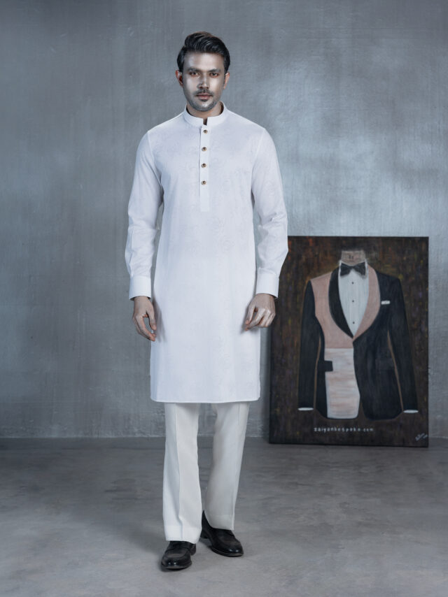 White Panjabi with subtle floral pattern and metallic buttons