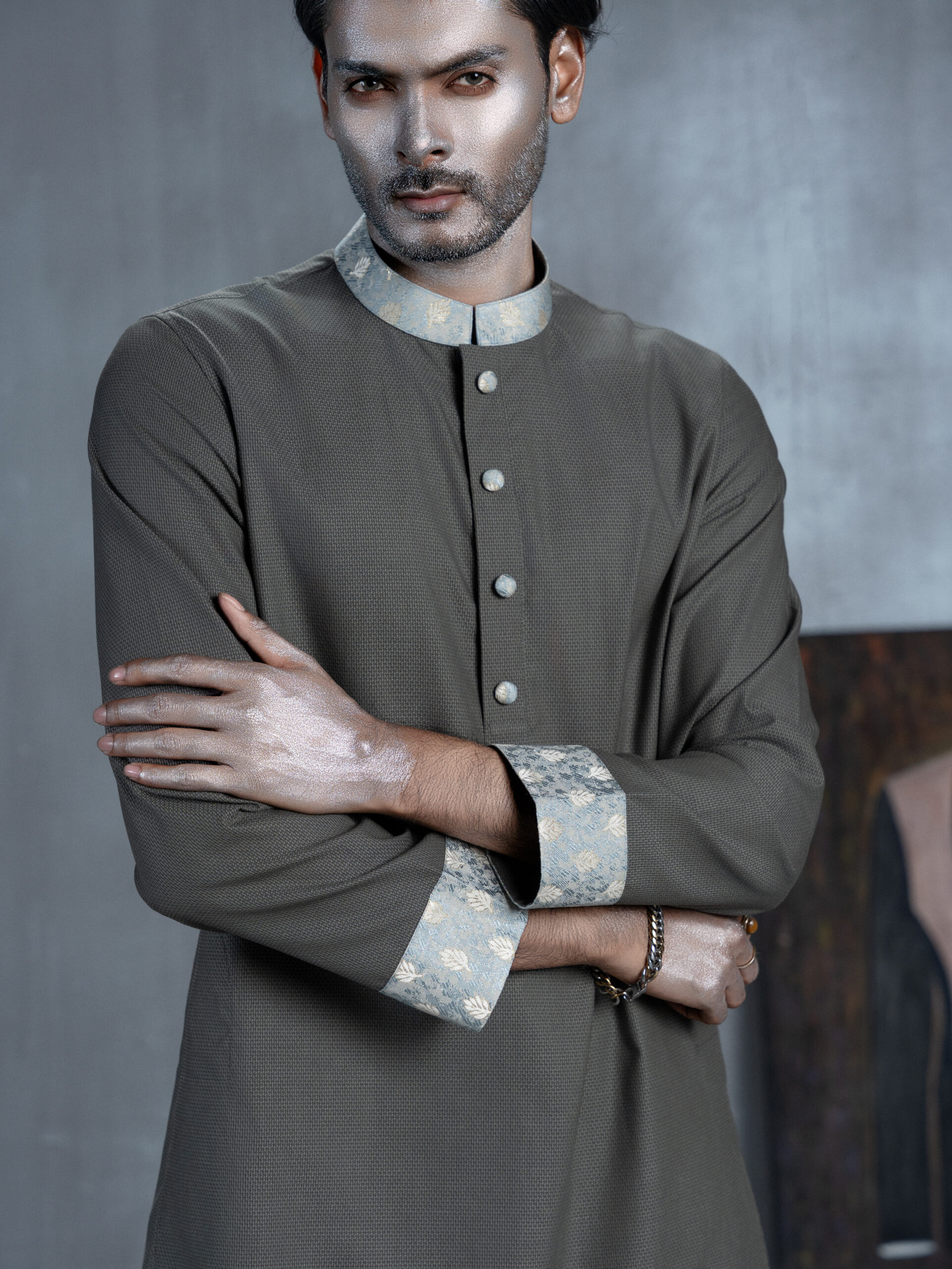 Olive Grey Panjabi with Floral Collar & Cuffs - Image 4
