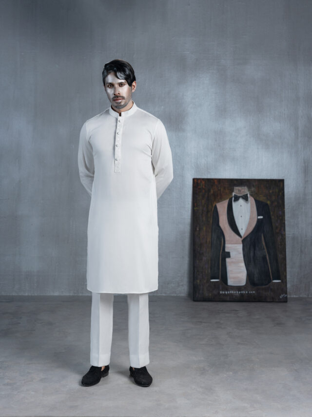 Men's white bespoke Panjabi with white floral embroidery on the collar, front placket and cuffs