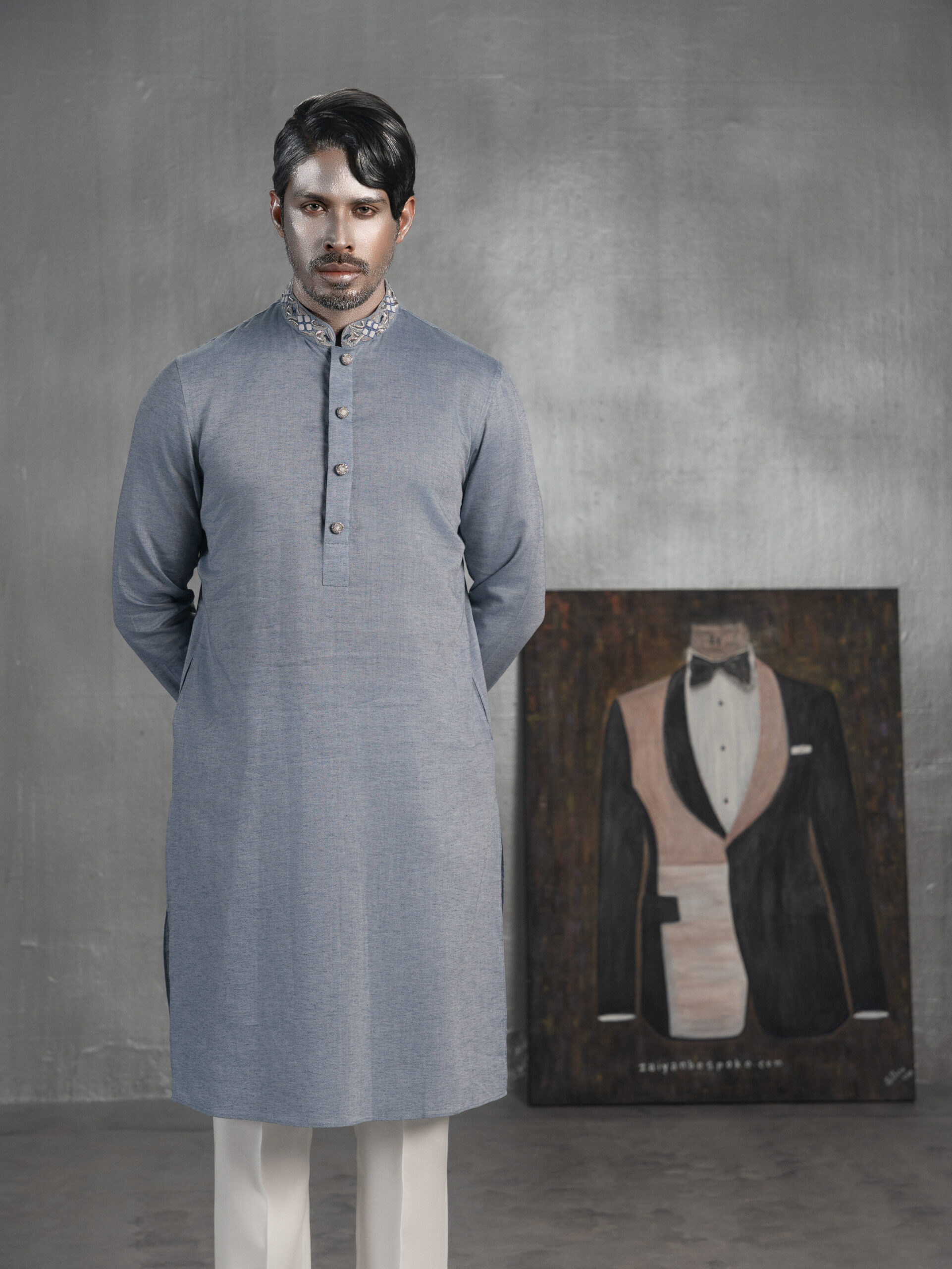 Grey Blue Panjabi with Embroidered Collar - Image 2