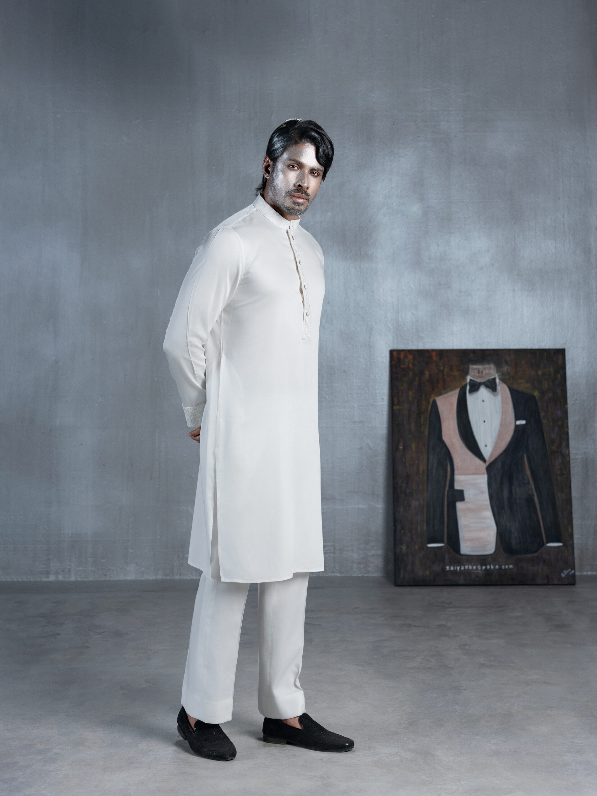 White Panjabi with Embroidered Collar & Cuffs - Image 2