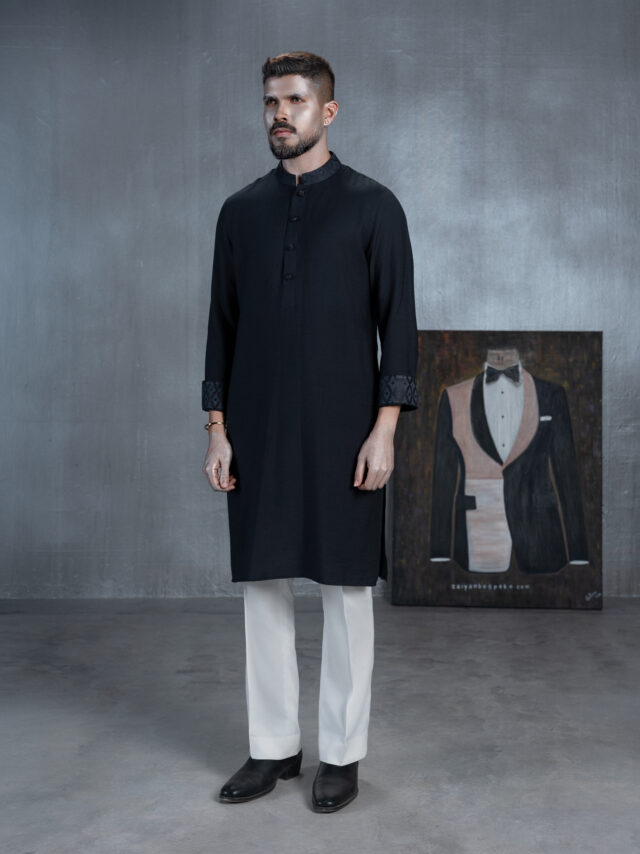 Black Panjabi with Patterned Collar & Cuffs
