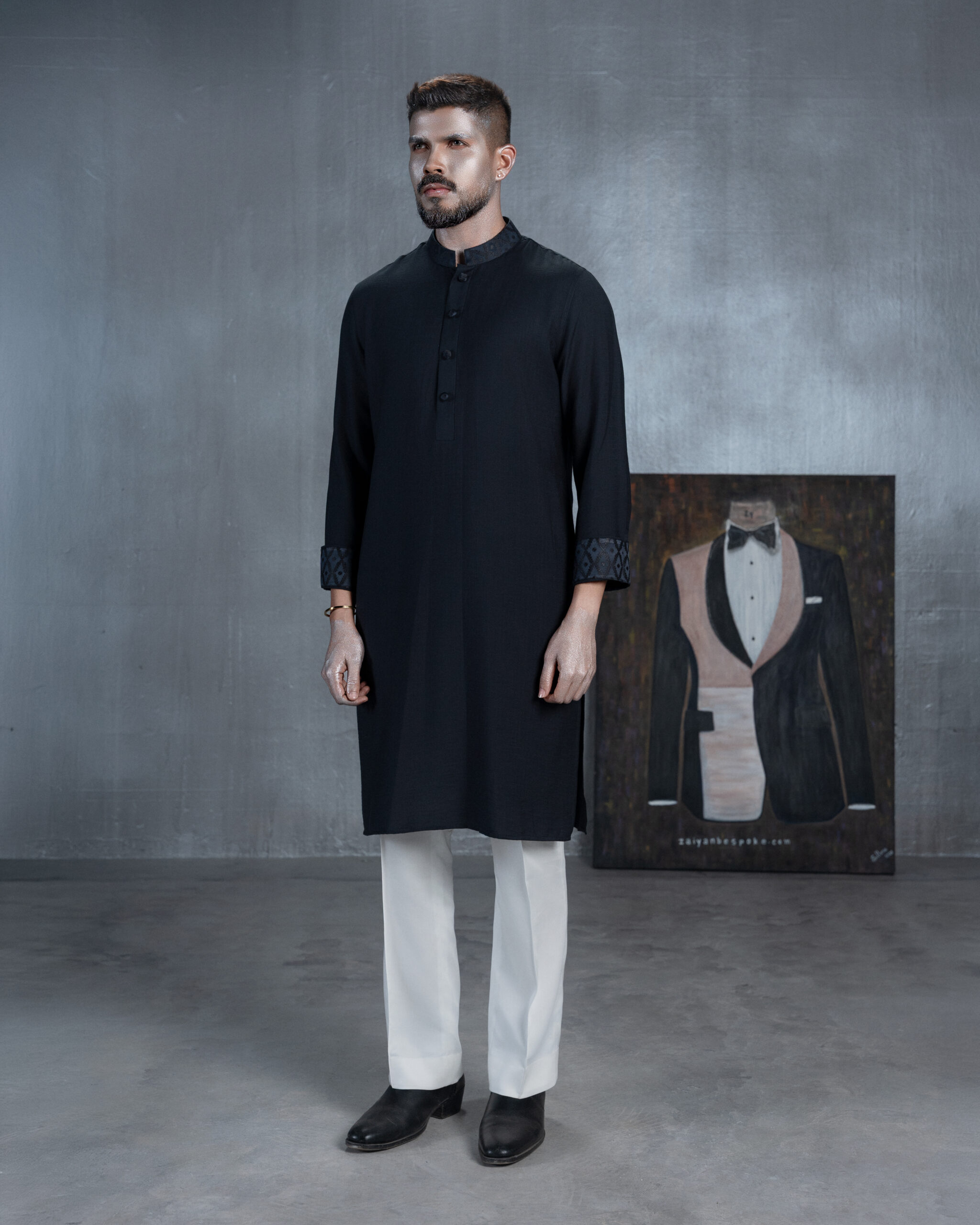 Black Panjabi with Patterned Collar & Cuffs