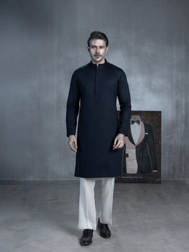 Midnight navy Panjabi with textured band collar and matching cuffs
