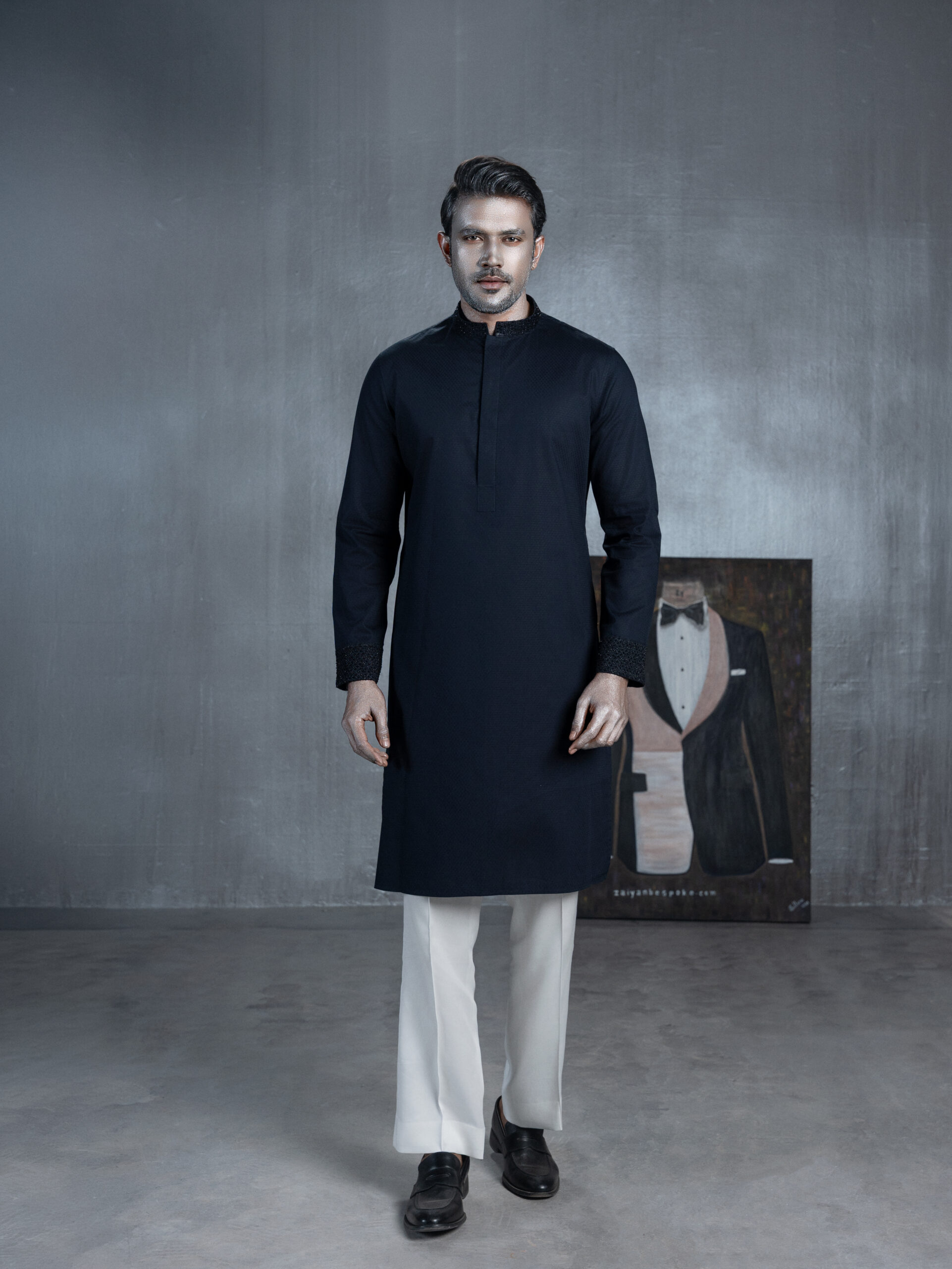 Midnight navy Panjabi with textured band collar and matching cuffs