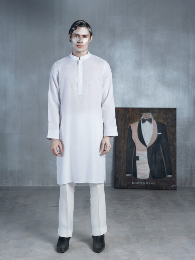 White bespoke Panjabi with tonal embroidery and white trousers by ZaiYan Bespoke