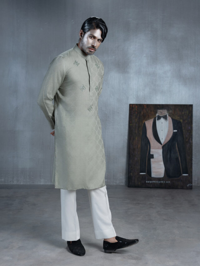 Sage grey bespoke Panjabi with silver-toned embroidered motifs and a patterned fabric design