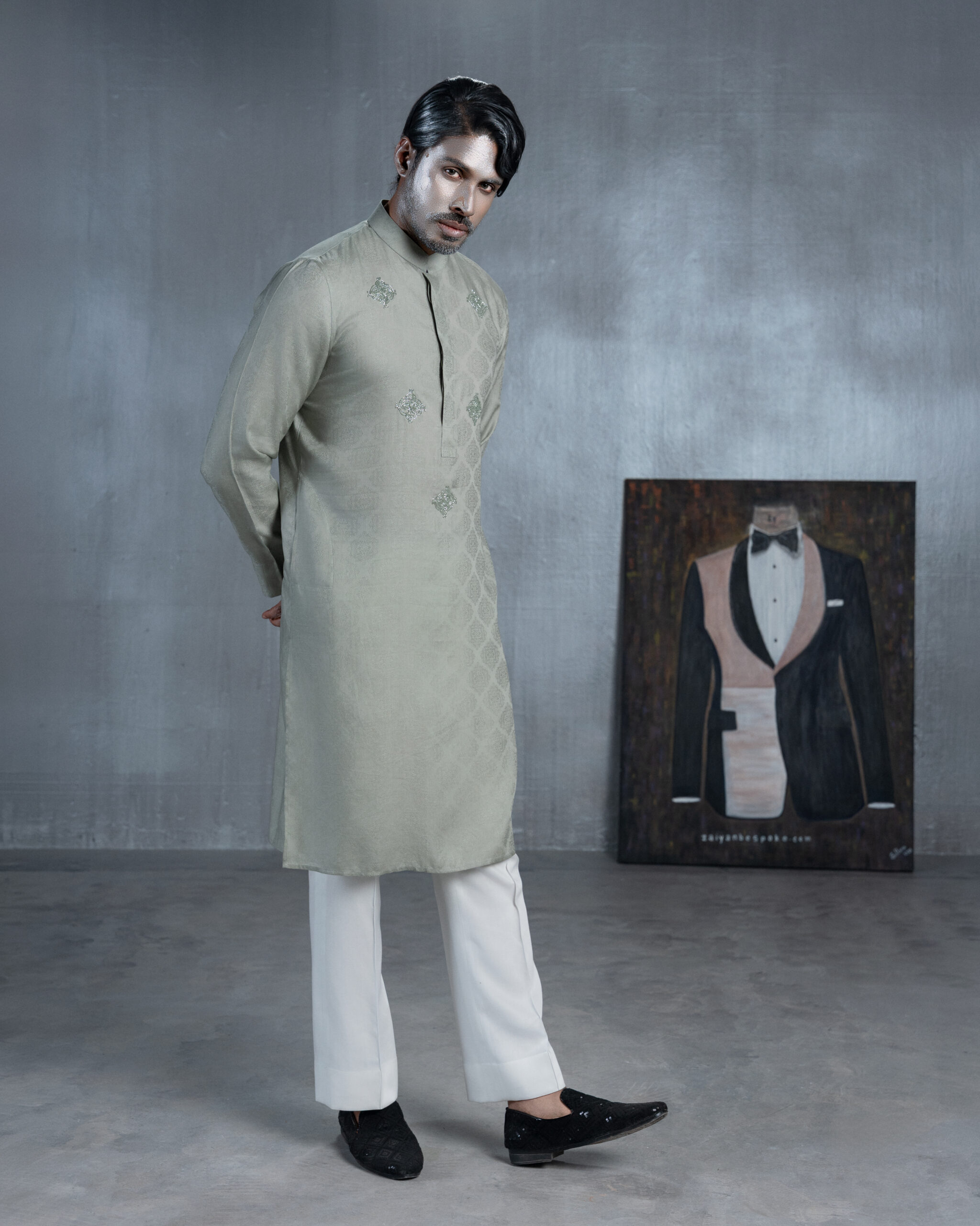 Sage grey bespoke Panjabi with silver-toned embroidered motifs and a patterned fabric design