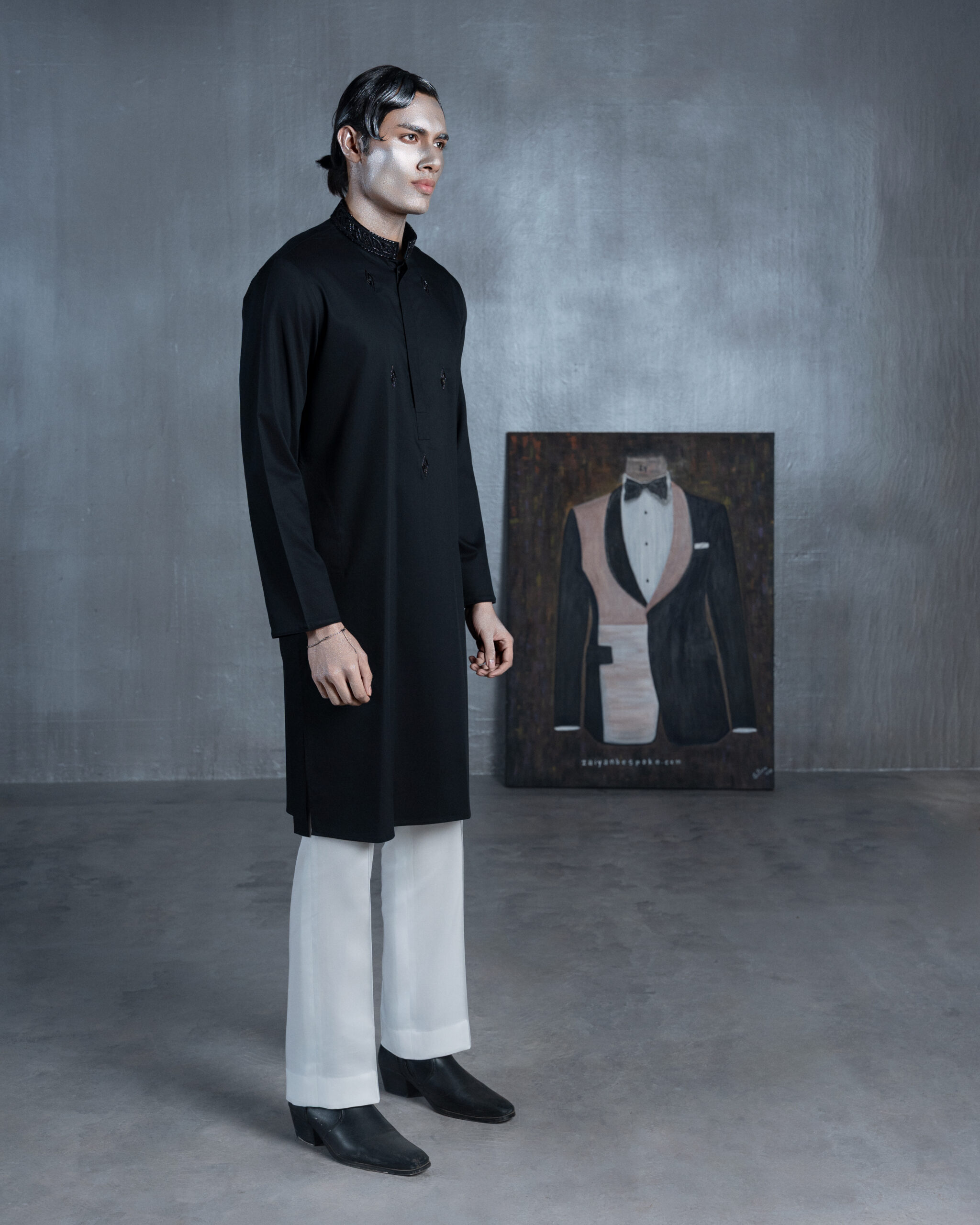 Black Embroidered Panjabi with Paisley Cuffs - Image 2