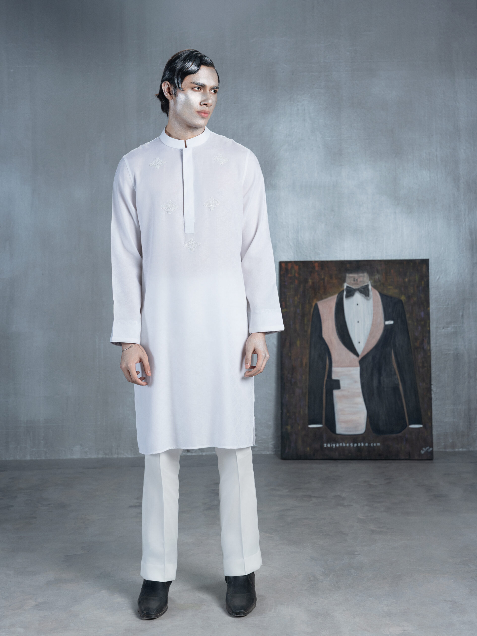 White Panjabi with Embroidery & Paisley Cuffs - Image 3