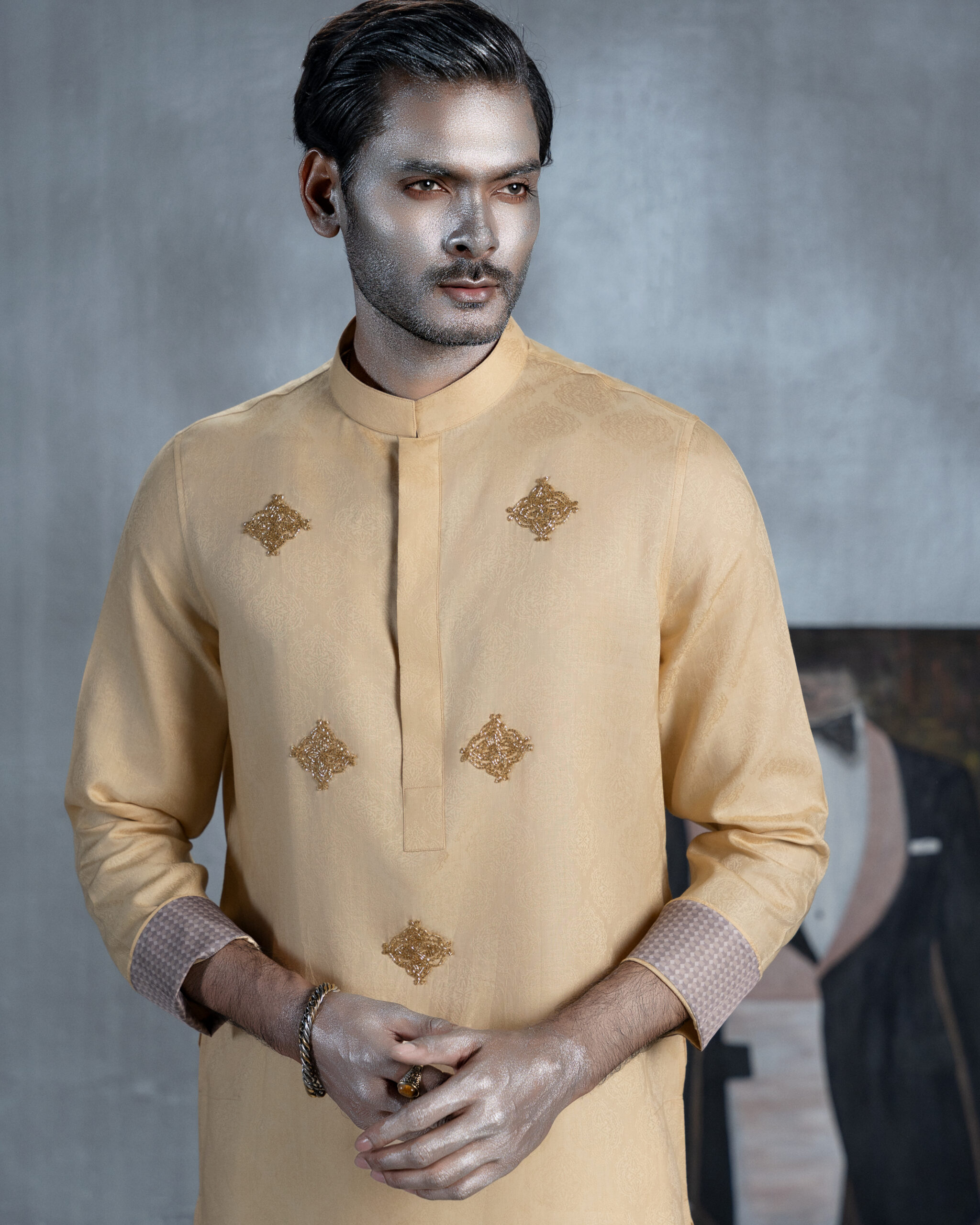 Golden Beige Panjabi with Gold Embroidery & Cuffs - Image 2