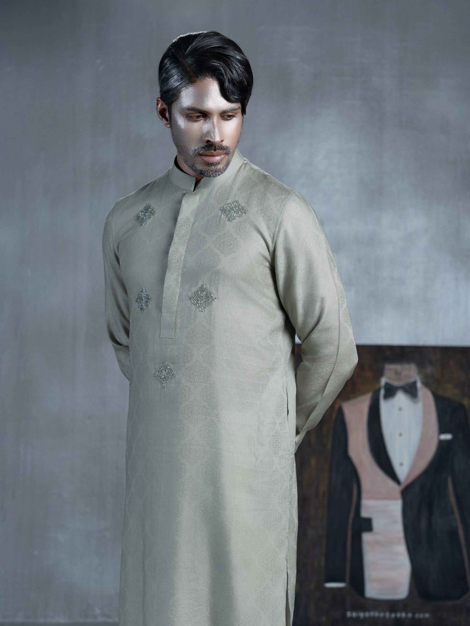 Sage Grey Panjabi with Embroidered Motifs - Image 2