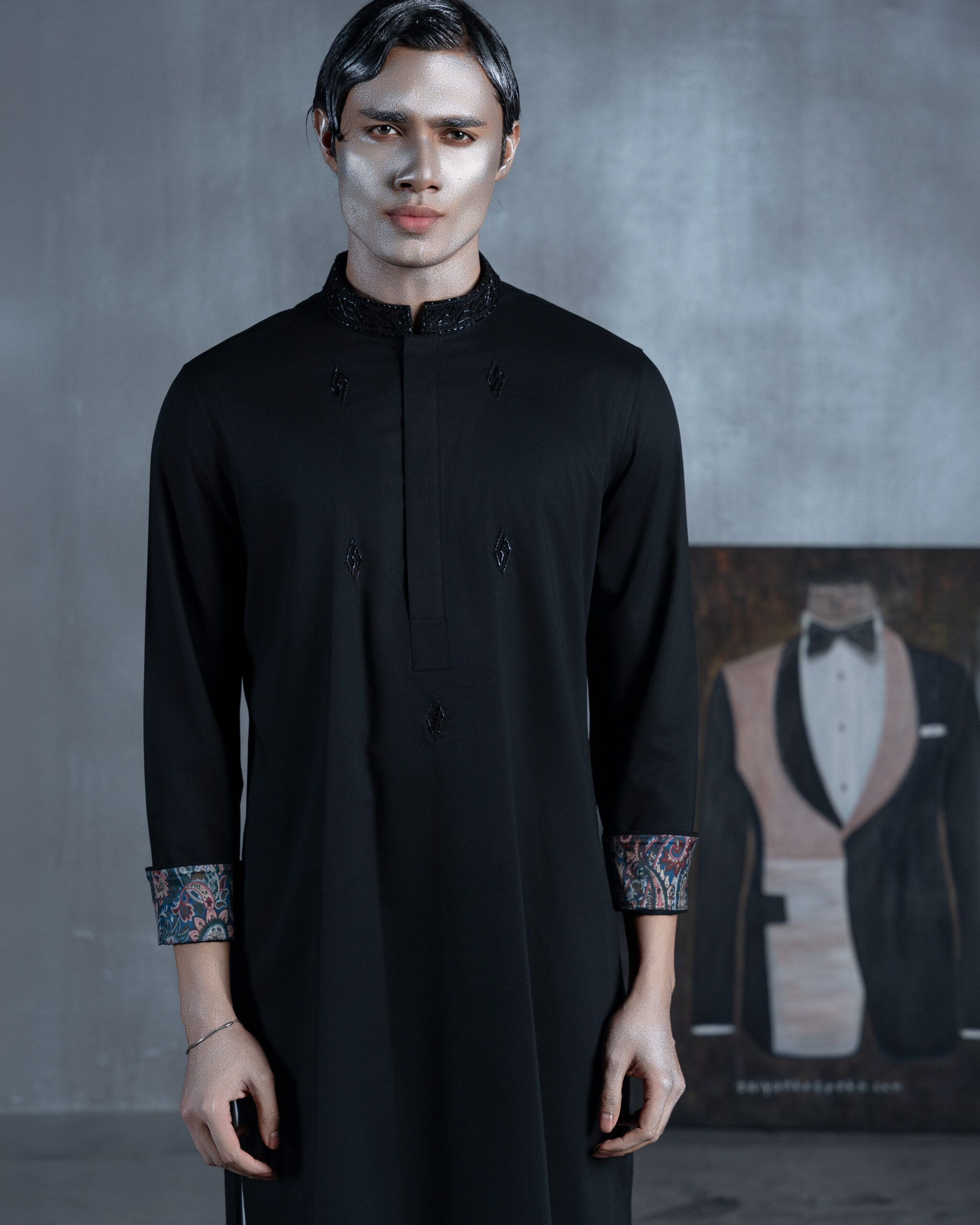Black Embroidered Panjabi with Paisley Cuffs - Image 3