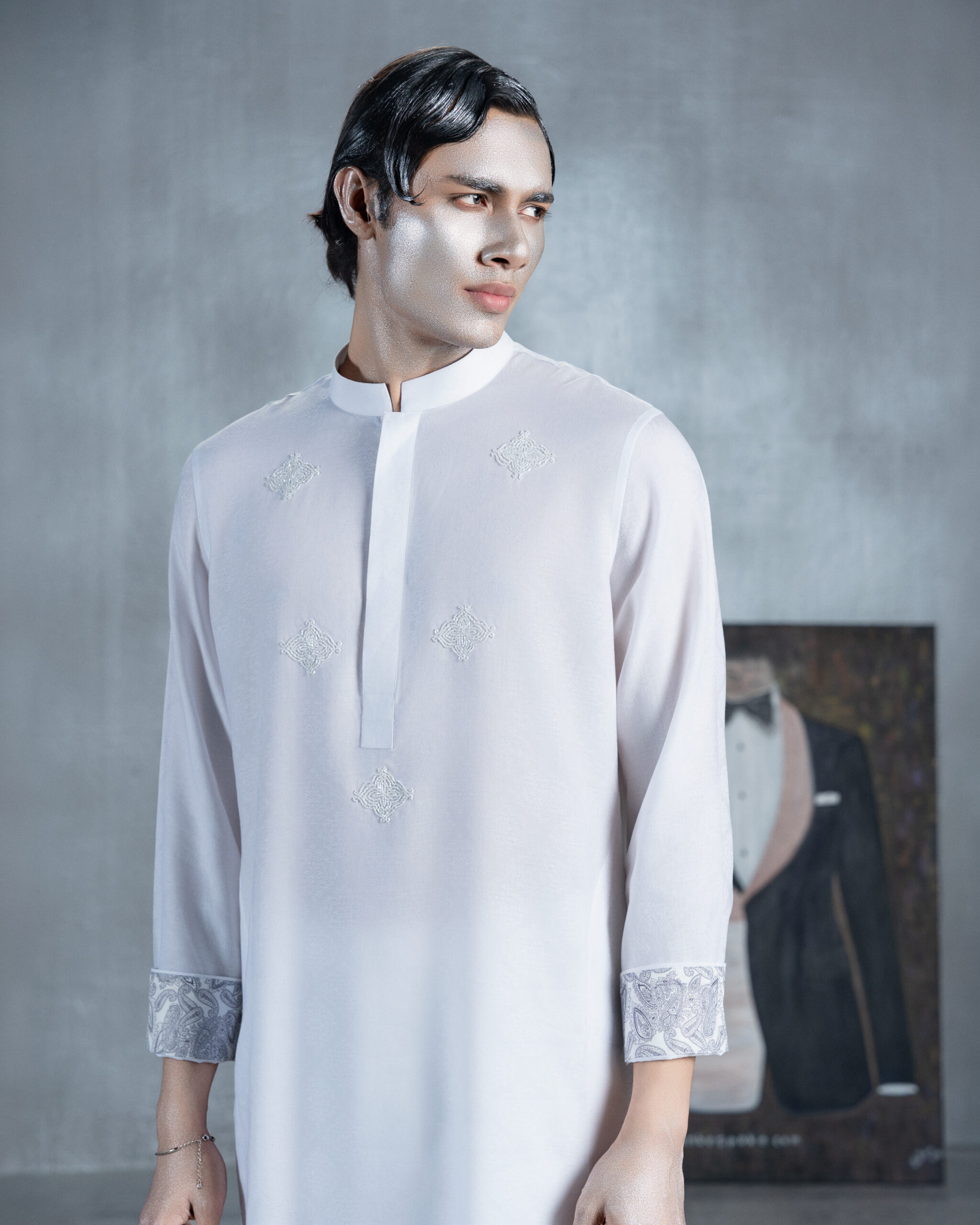 White Panjabi with Embroidery & Paisley Cuffs - Image 2