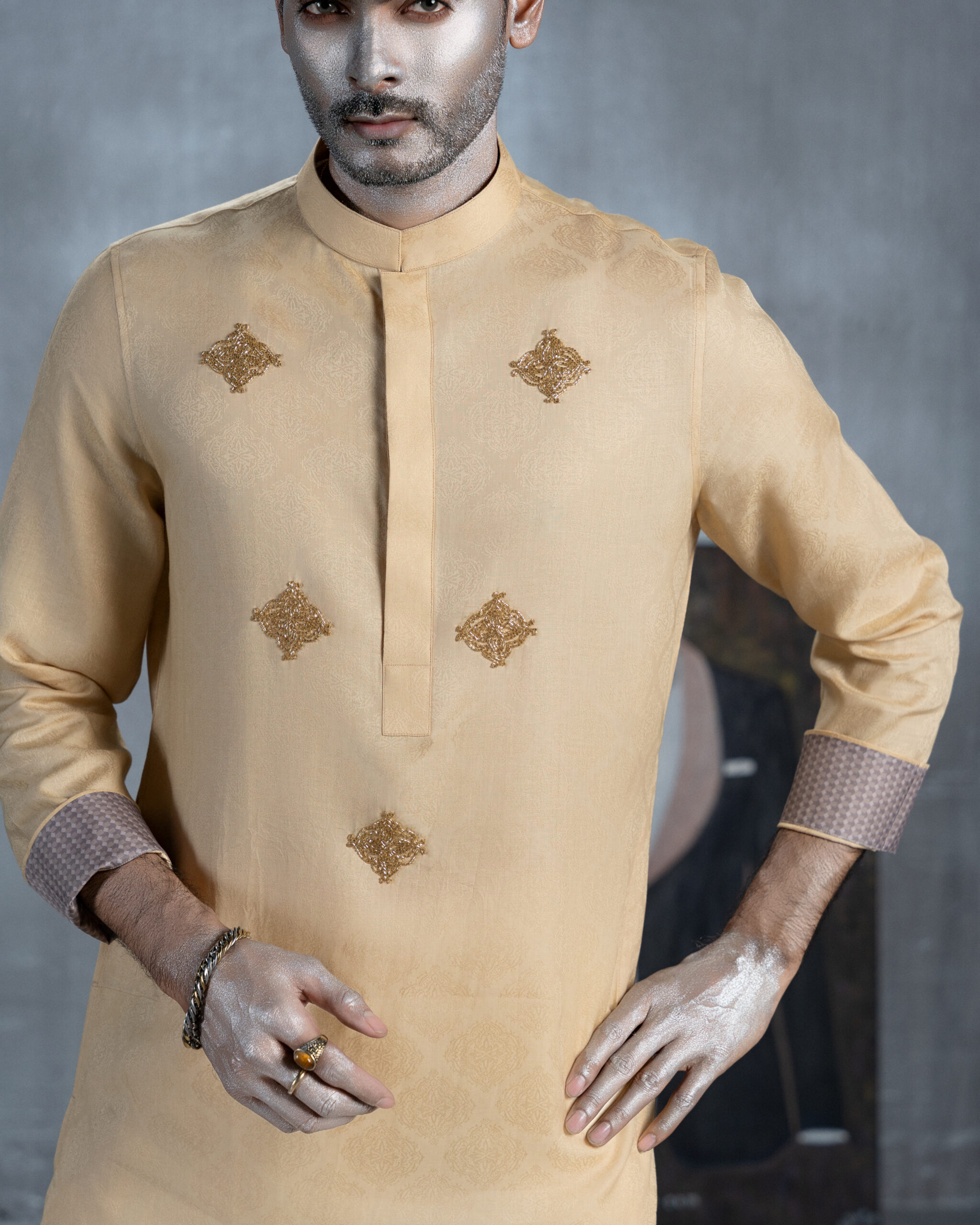Golden Beige Panjabi with Gold Embroidery & Cuffs - Image 3