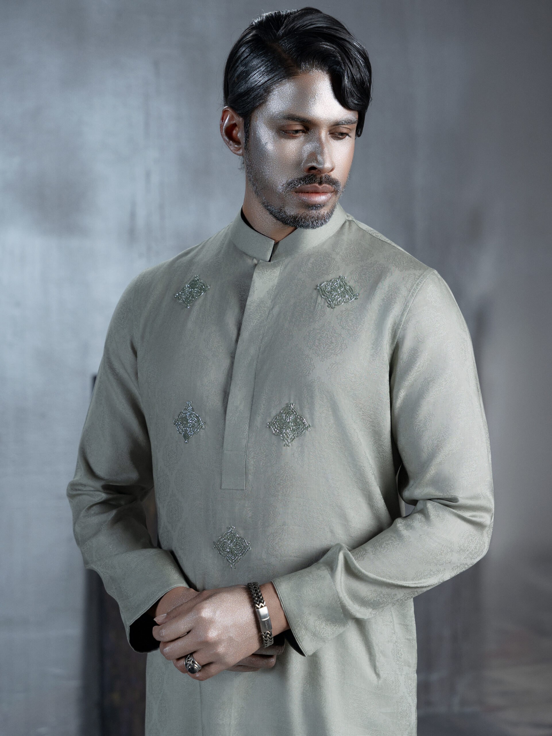 Sage Grey Panjabi with Embroidered Motifs - Image 4