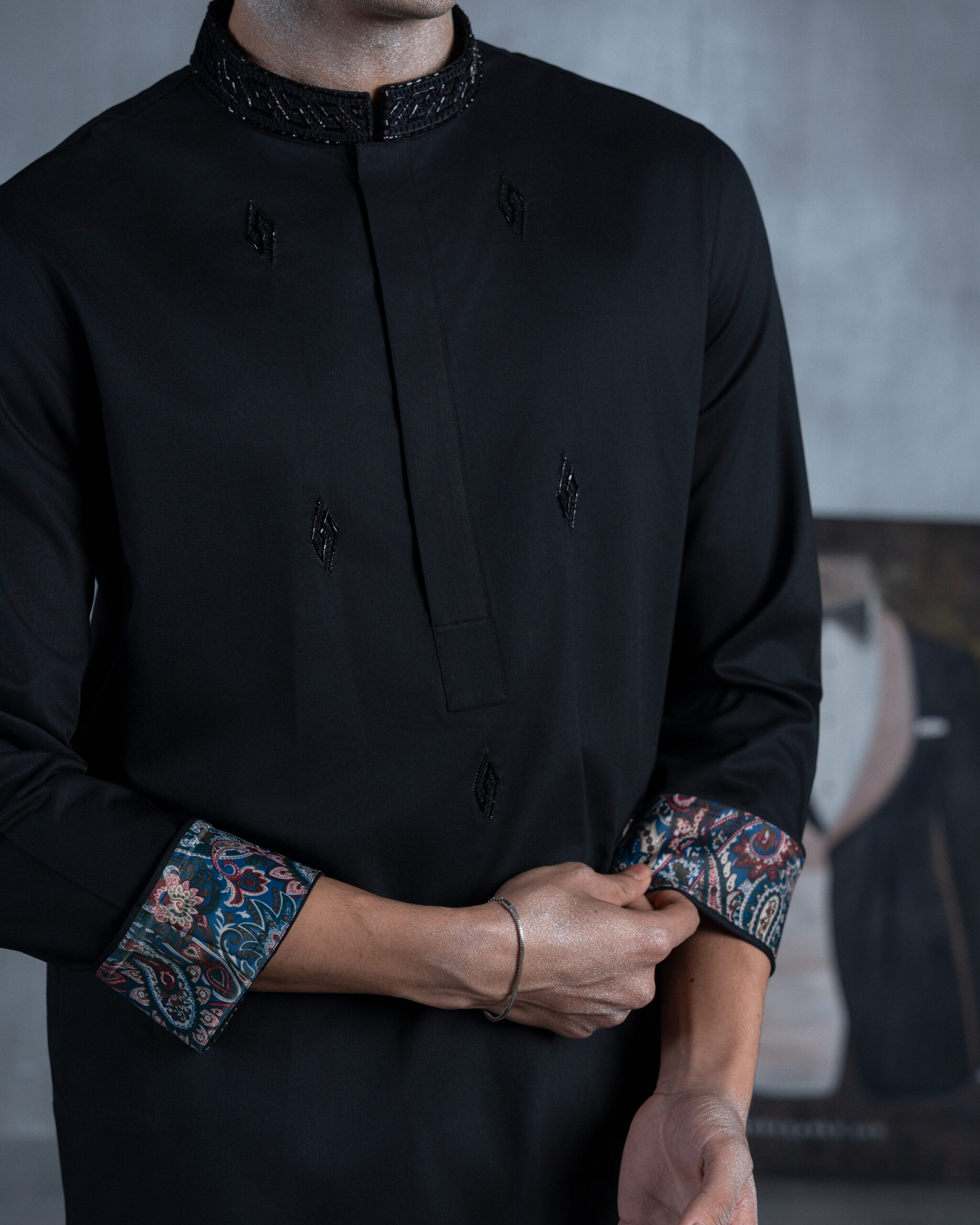 Black Embroidered Panjabi with Paisley Cuffs - Image 4