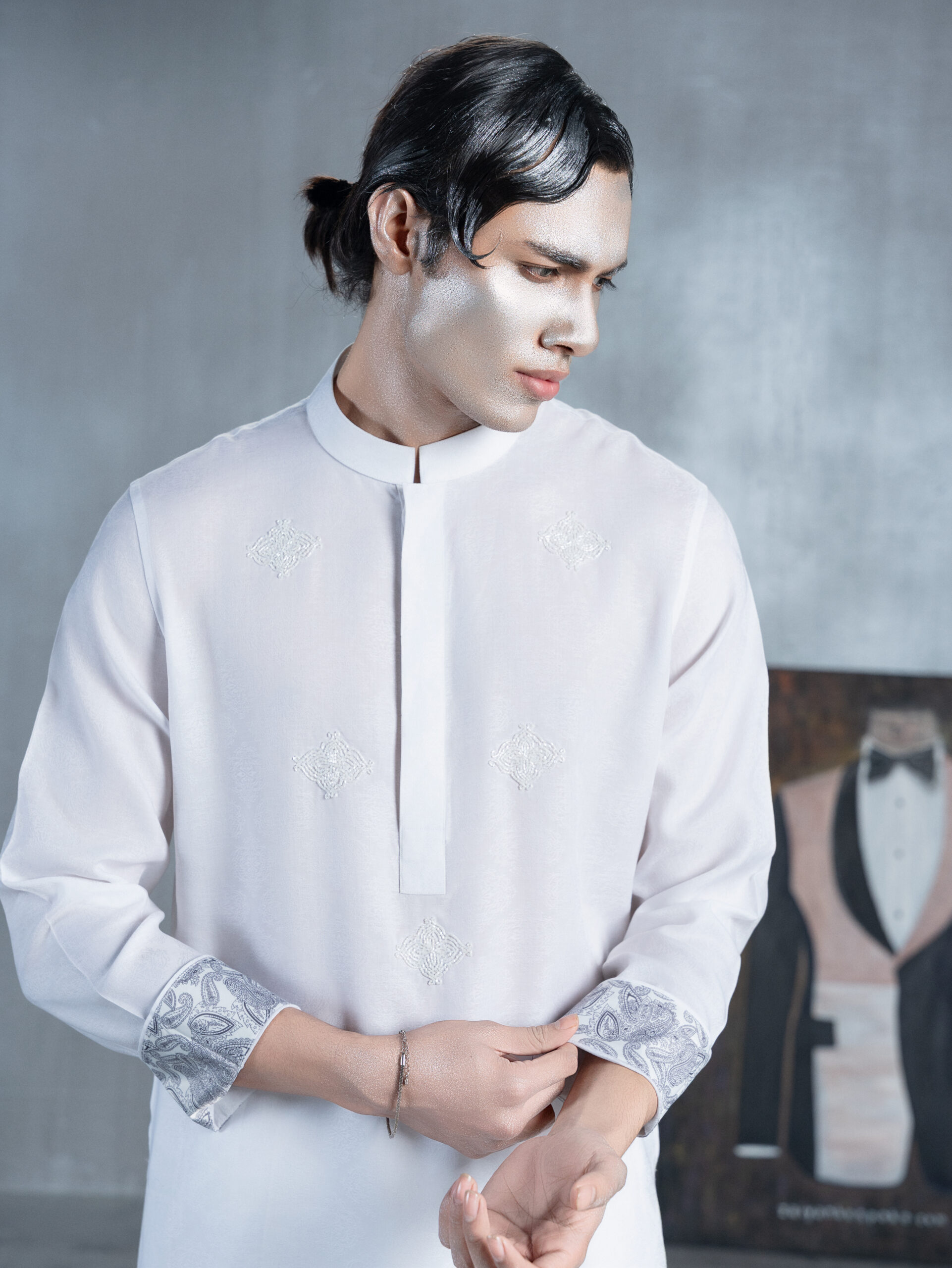 White Panjabi with Embroidery & Paisley Cuffs - Image 4