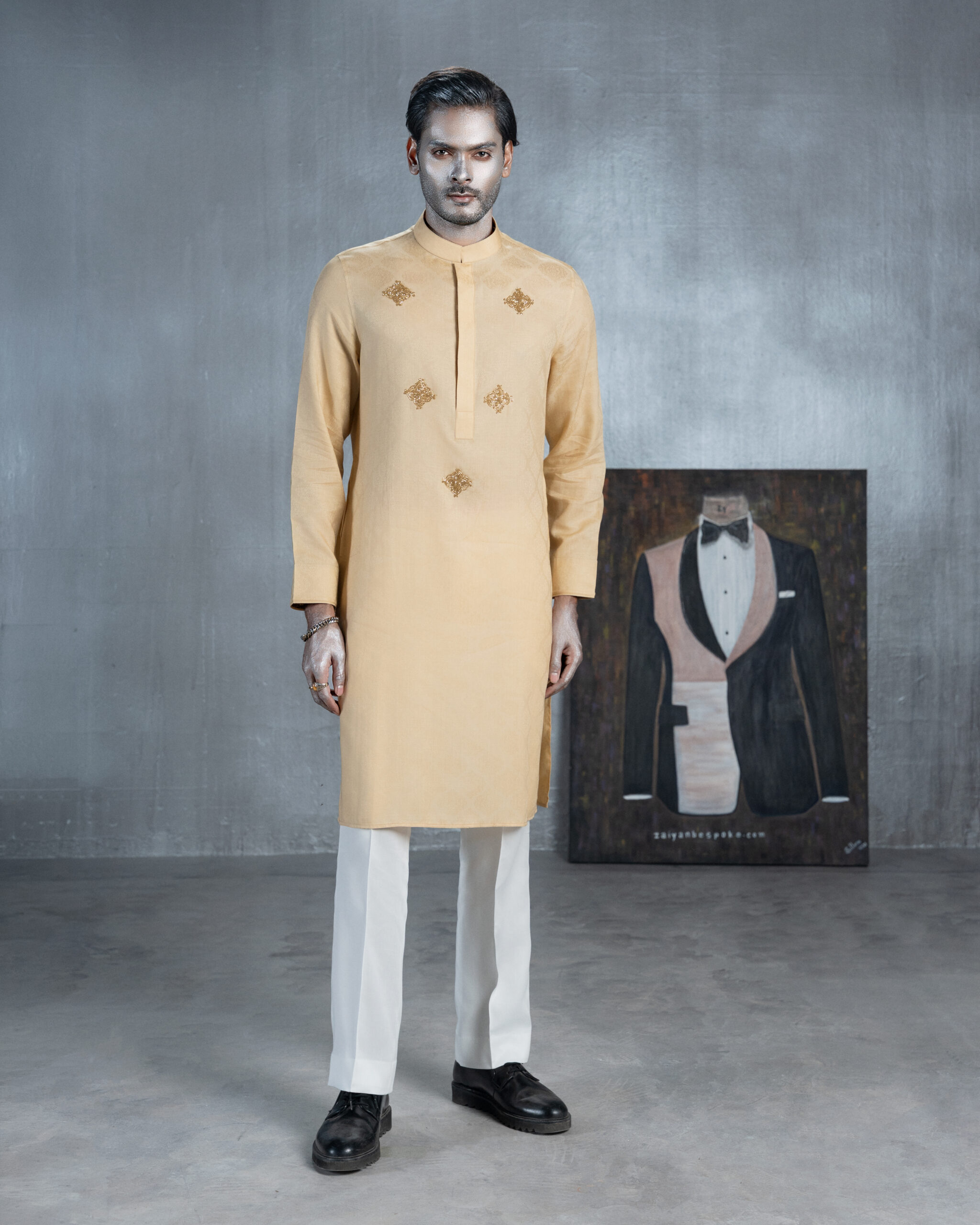 Golden Beige Panjabi with Gold Embroidery & Cuffs - Image 4